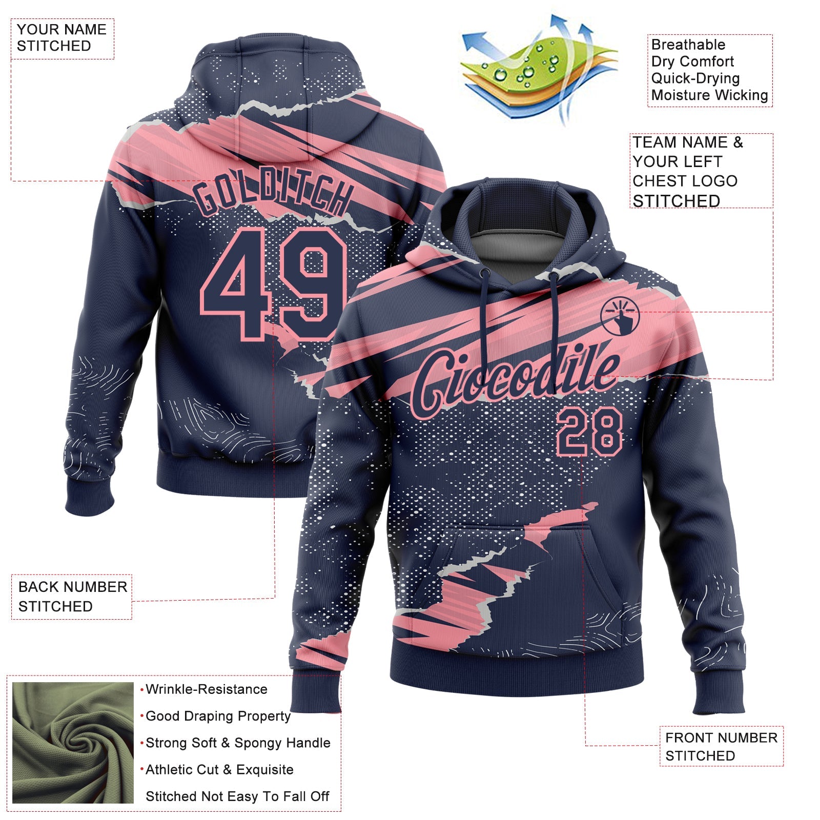 Custom Stitched Navy Medium Pink 3D Pattern Design Torn Paper Style Sports Pullover Sweatshirt Hoodie view 2