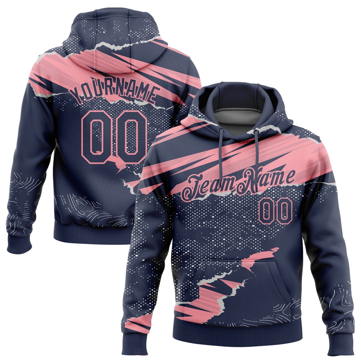 Custom Stitched Navy Medium Pink 3D Pattern Design Torn Paper Style Sports Pullover Sweatshirt Hoodie - Main View