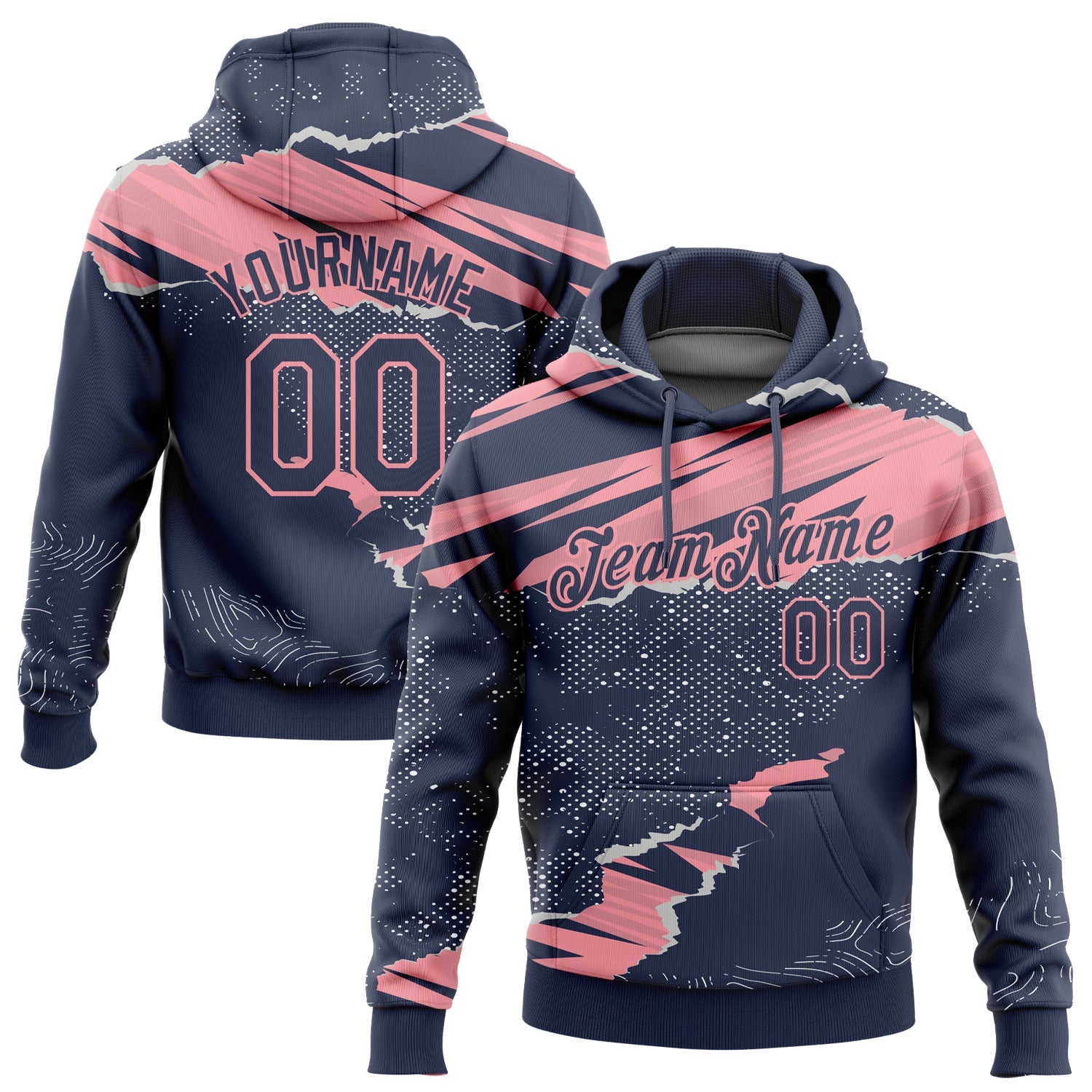 Custom Stitched Navy Medium Pink 3D Pattern Design Torn Paper Style Sports Pullover Sweatshirt Hoodie - Main View