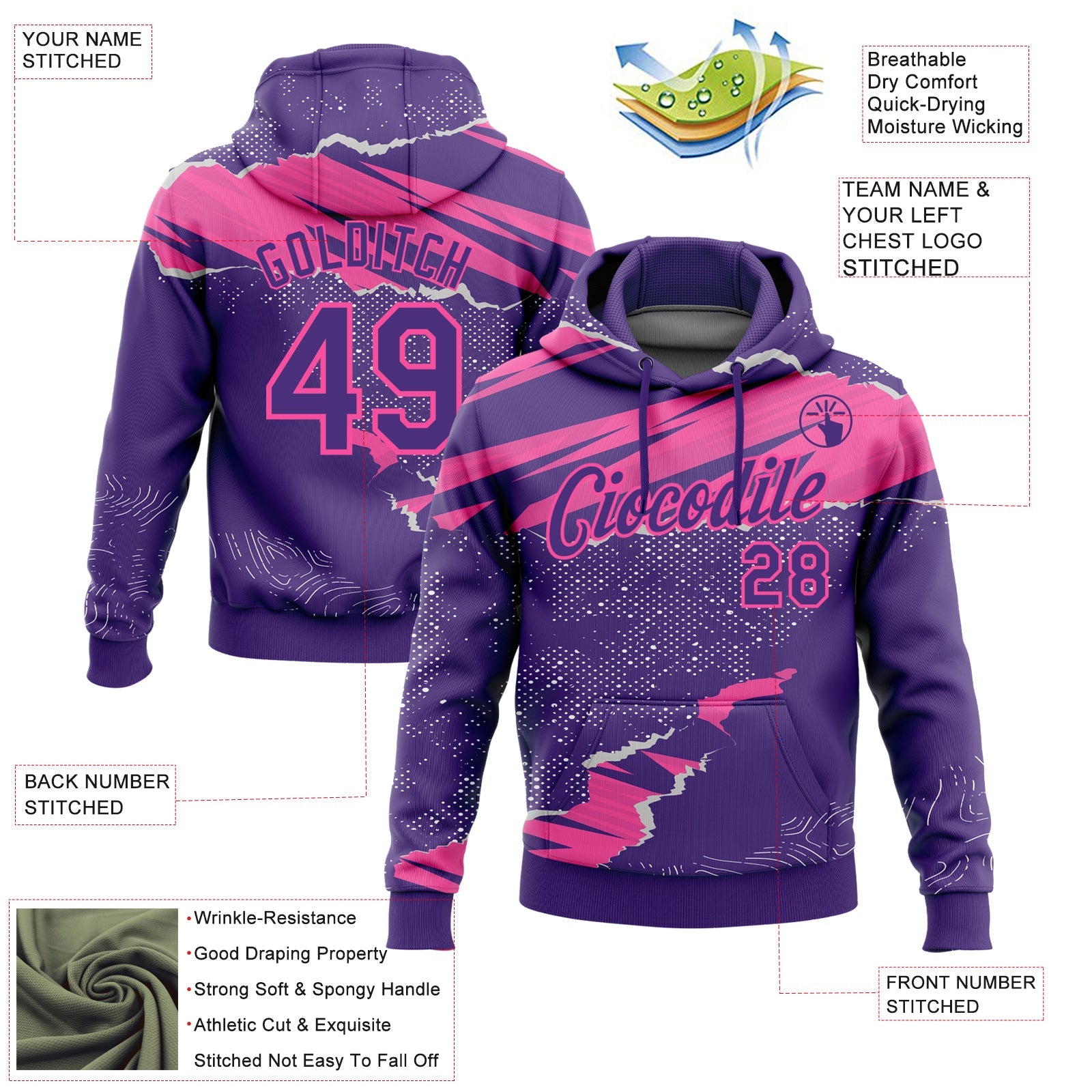 Custom Stitched Purple Pink 3D Pattern Design Torn Paper Style Sports Pullover Sweatshirt Hoodie view 2