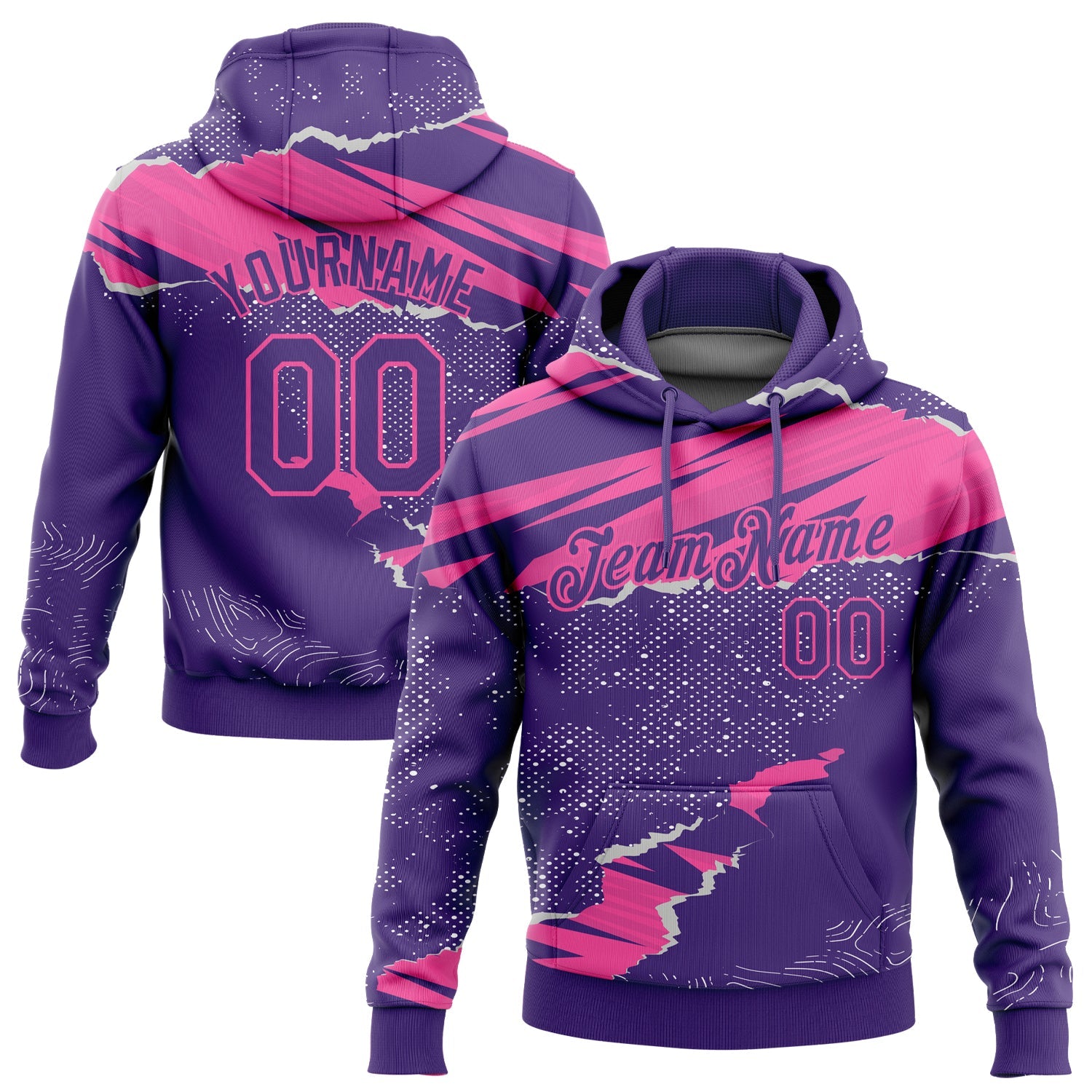 Custom Stitched Purple Pink 3D Pattern Design Torn Paper Style Sports Pullover Sweatshirt Hoodie - Main View