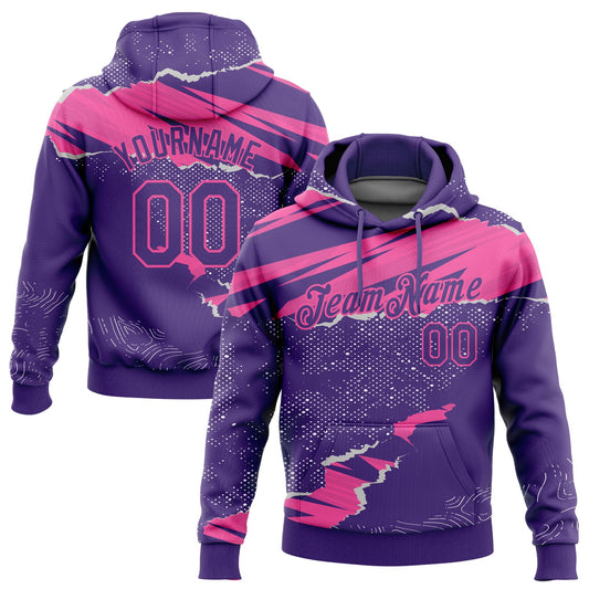 Custom Stitched Purple Pink 3D Pattern Design Torn Paper Style Sports Pullover Sweatshirt Hoodie - Main View