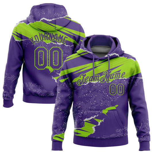 Custom Stitched Purple Neon Green 3D Pattern Design Torn Paper Style Sports Pullover Sweatshirt Hoodie - Main View