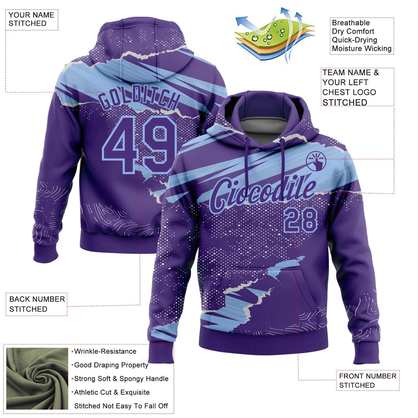 Custom Stitched Purple Light Blue 3D Pattern Design Torn Paper Style Sports Pullover Sweatshirt Hoodie view 2