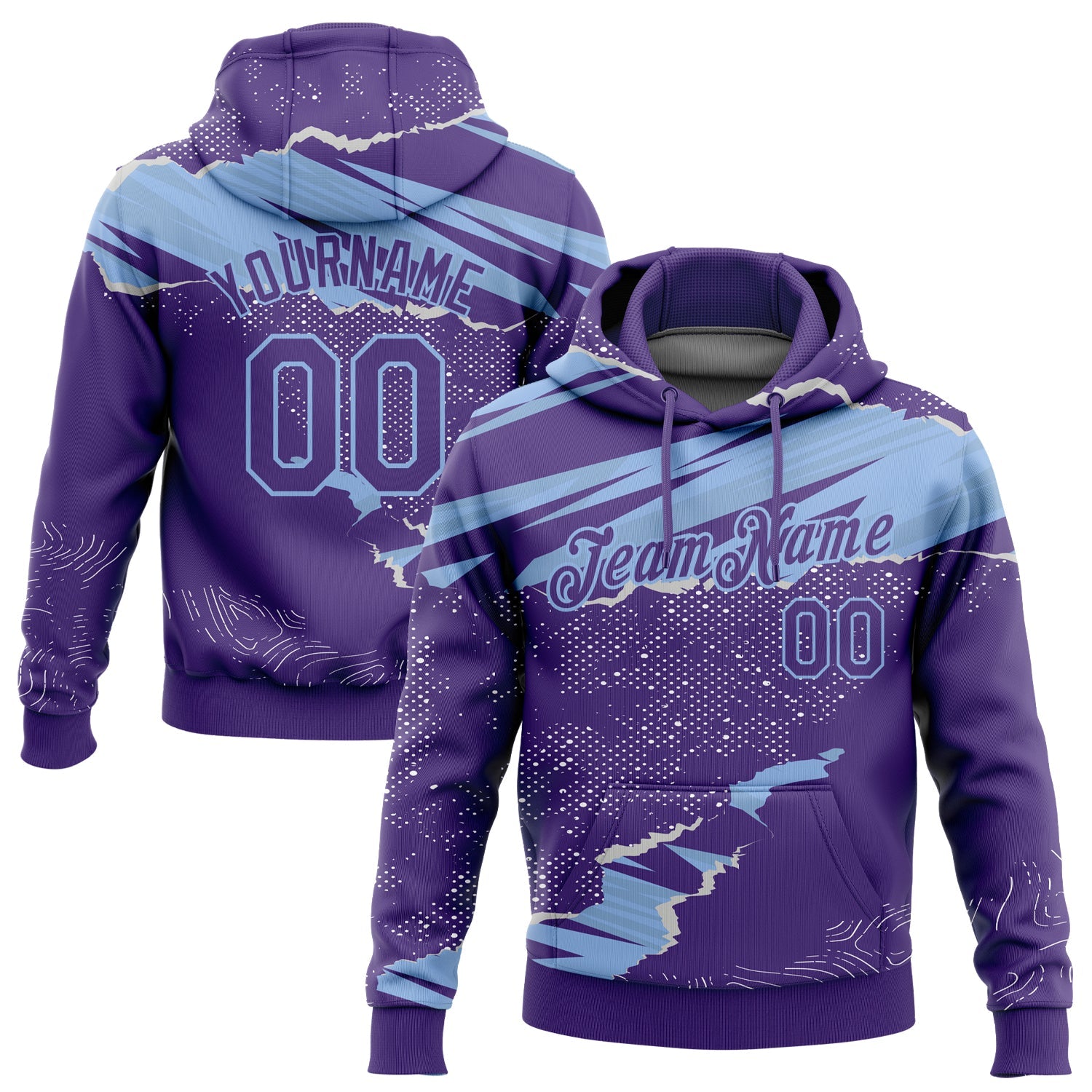 Custom Stitched Purple Light Blue 3D Pattern Design Torn Paper Style Sports Pullover Sweatshirt Hoodie - Main View