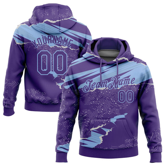 Custom Stitched Purple Light Blue 3D Pattern Design Torn Paper Style Sports Pullover Sweatshirt Hoodie - Main View