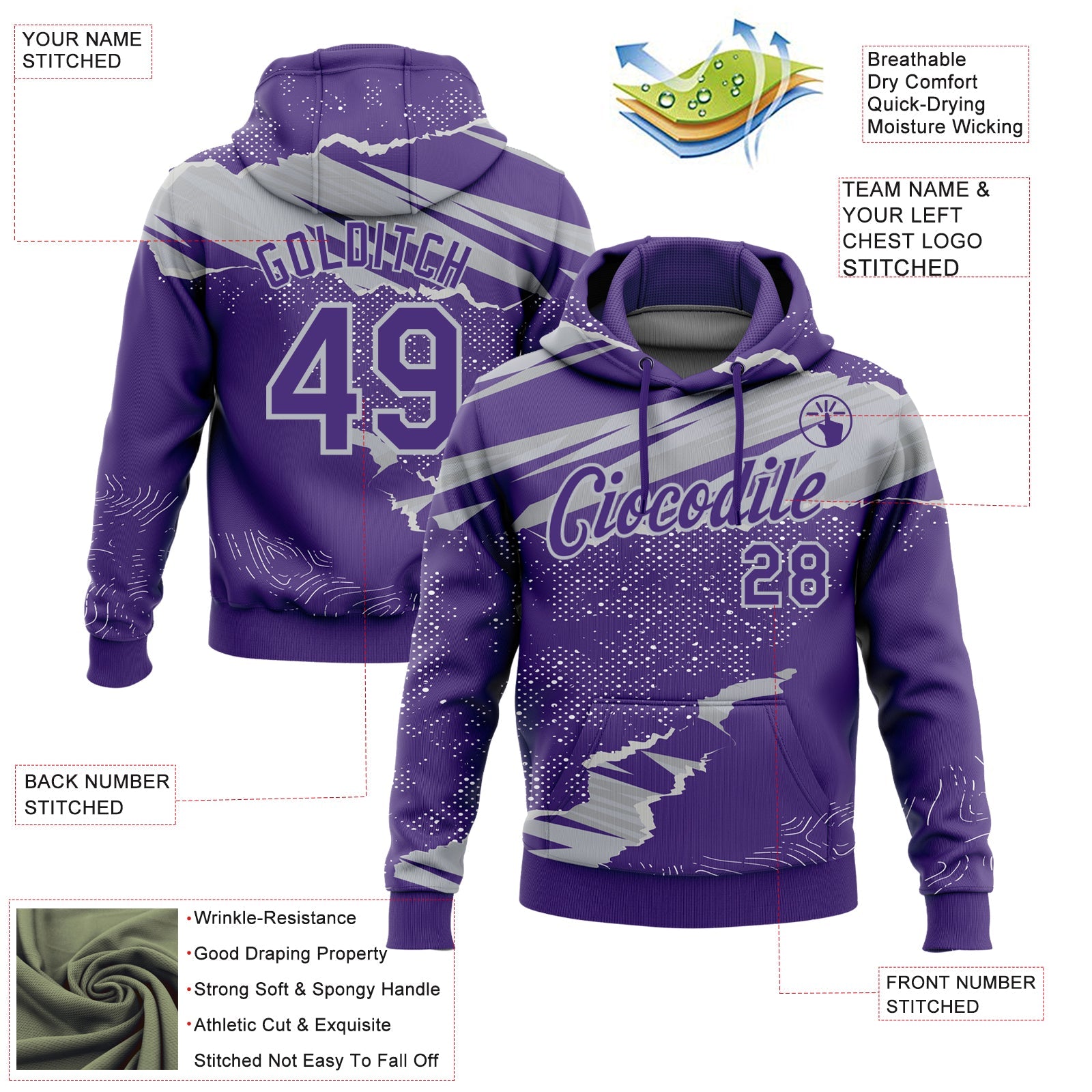 Custom Stitched Purple Gray 3D Pattern Design Torn Paper Style Sports Pullover Sweatshirt Hoodie view 2