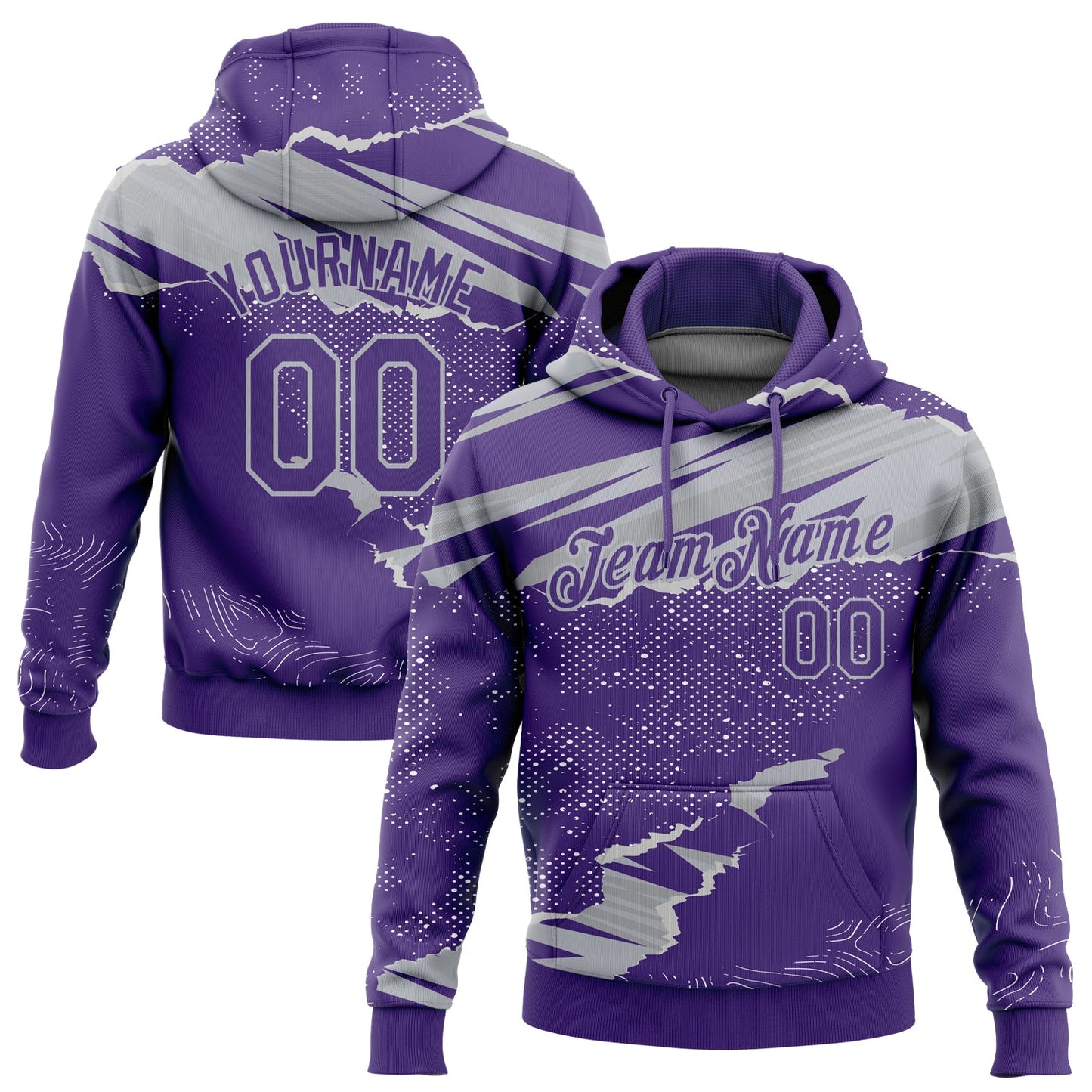 Custom Stitched Purple Gray 3D Pattern Design Torn Paper Style Sports Pullover Sweatshirt Hoodie - Main View