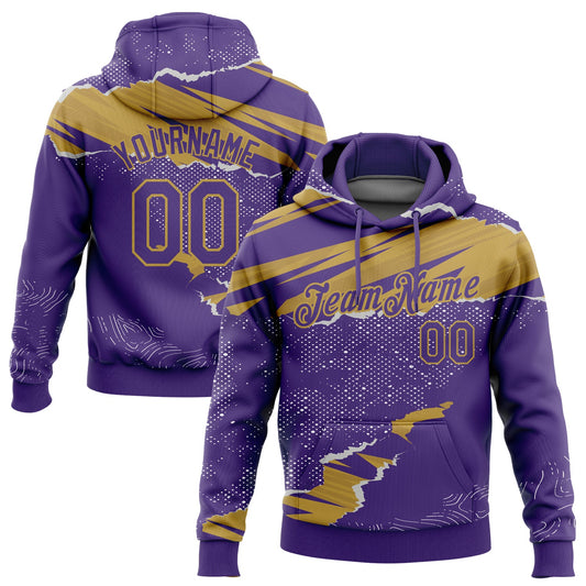 Custom Stitched Purple Old Gold 3D Pattern Design Torn Paper Style Sports Pullover Sweatshirt Hoodie - Main View
