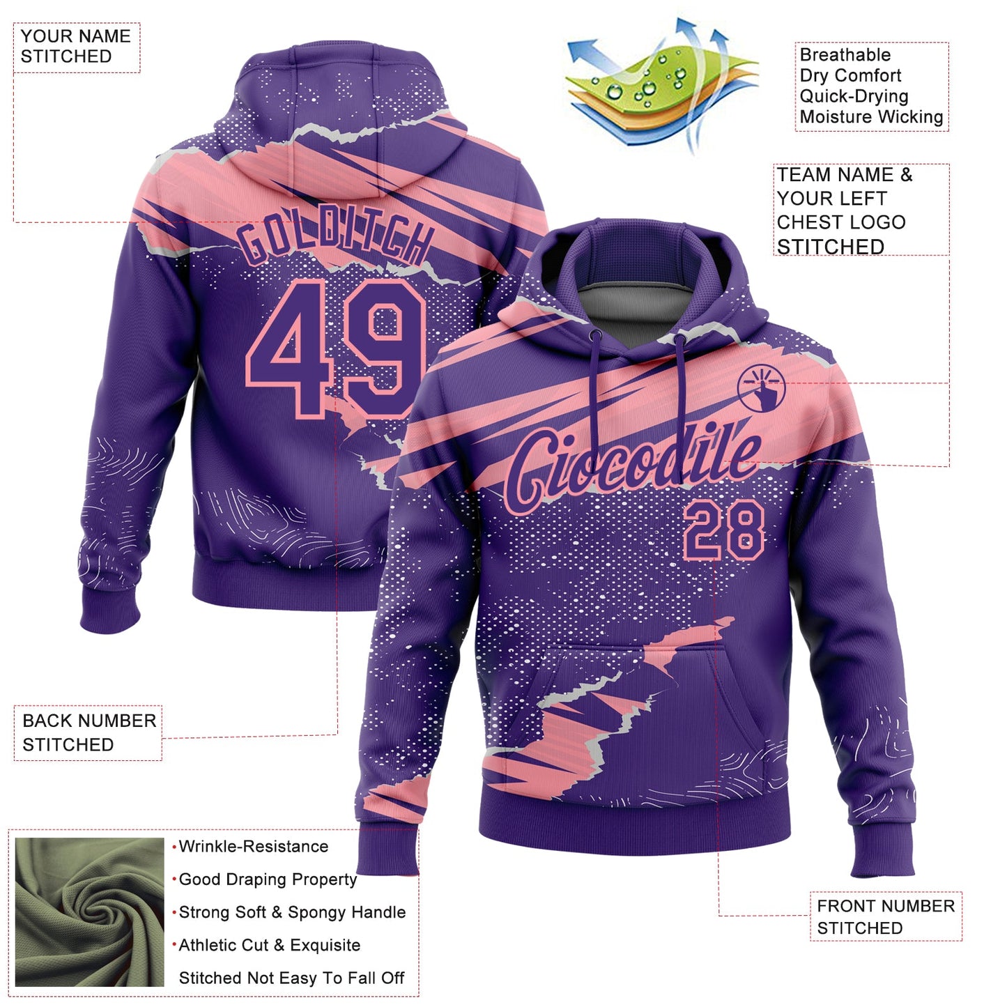 Custom Stitched Purple Medium Pink 3D Pattern Design Torn Paper Style Sports Pullover Sweatshirt Hoodie view 2