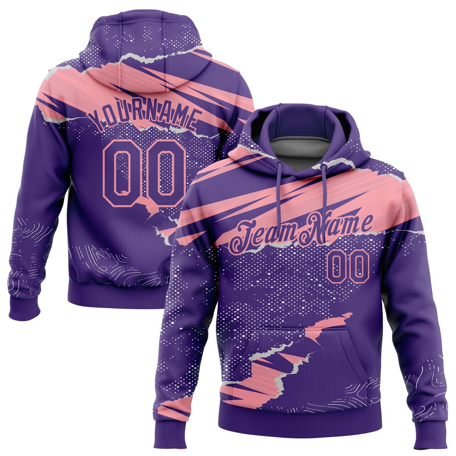 Custom Stitched Purple Medium Pink 3D Pattern Design Torn Paper Style Sports Pullover Sweatshirt Hoodie - Main View
