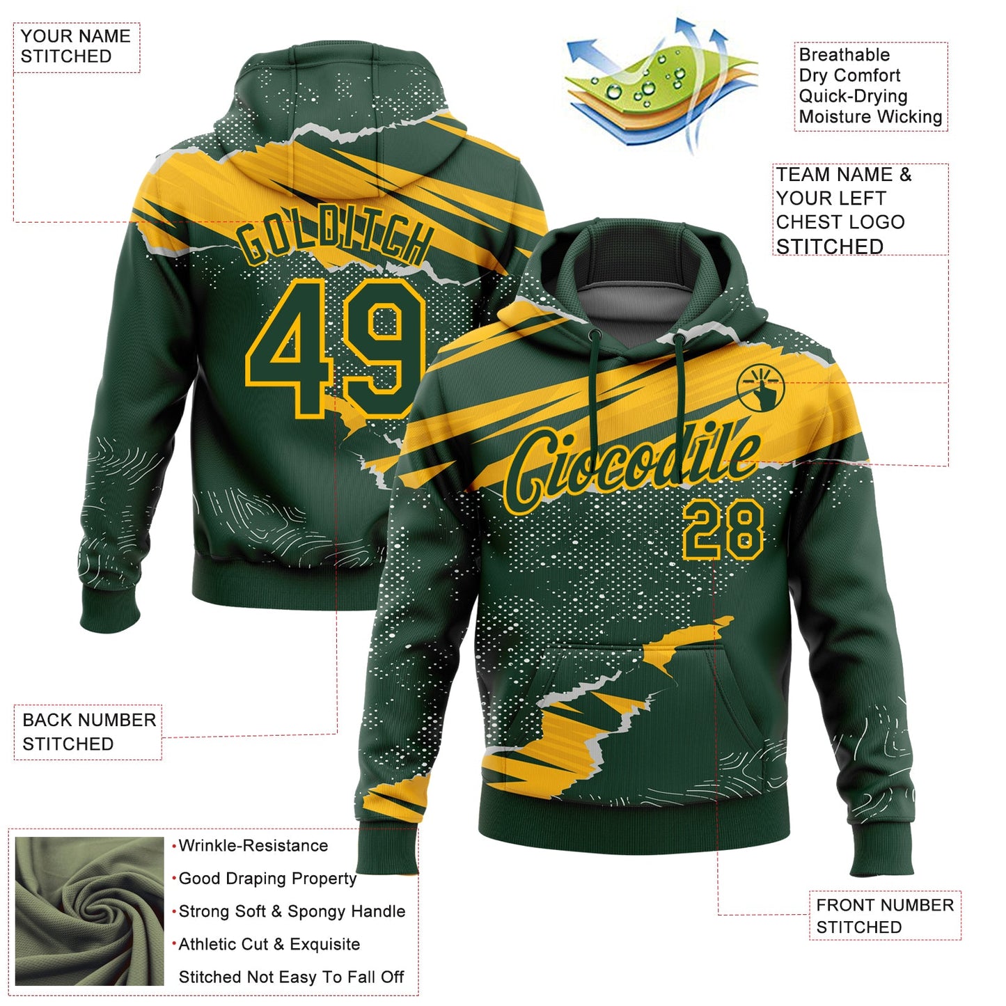 Custom Stitched Green Gold 3D Pattern Design Torn Paper Style Sports Pullover Sweatshirt Hoodie view 2
