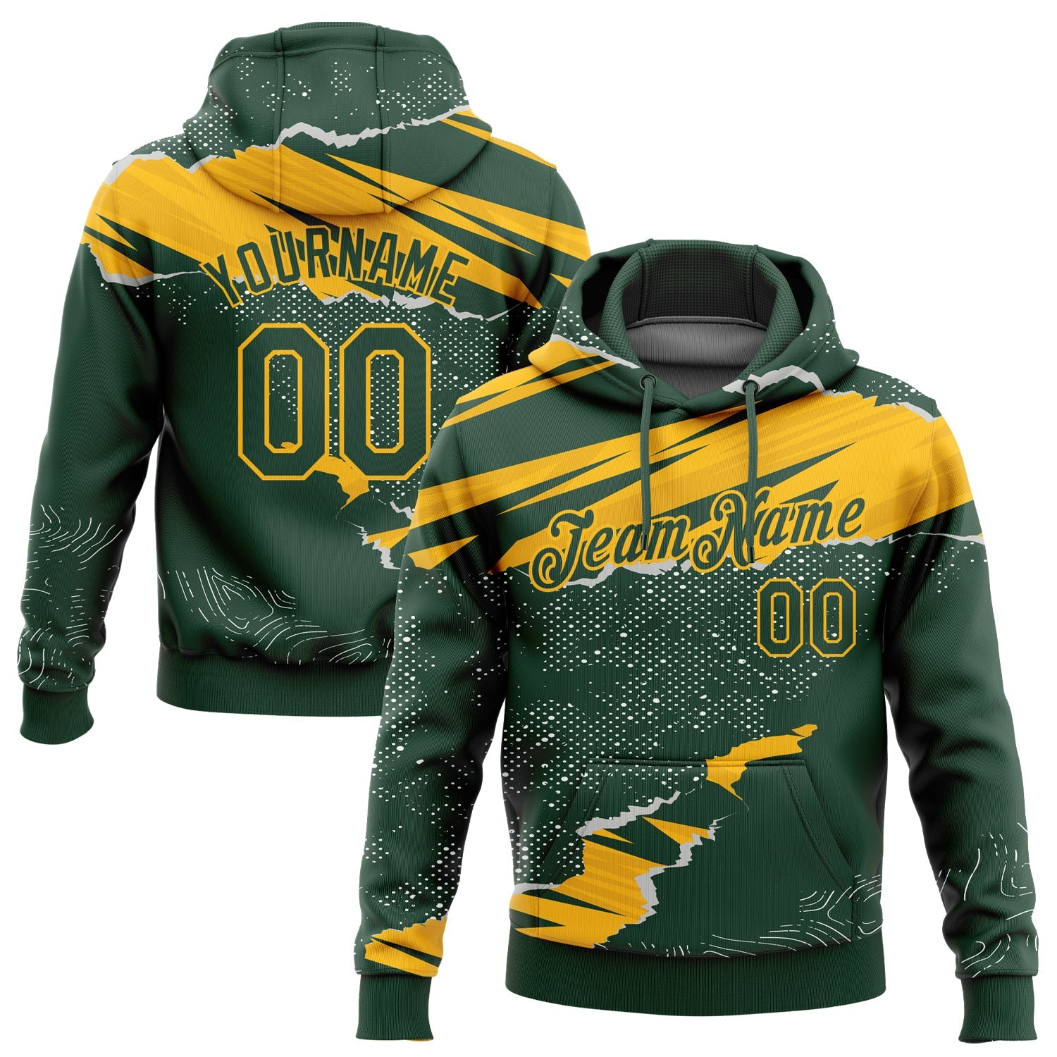 Custom Stitched Green Gold 3D Pattern Design Torn Paper Style Sports Pullover Sweatshirt Hoodie - Main View