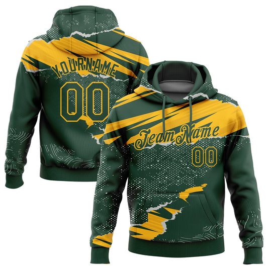 Custom Stitched Green Gold 3D Pattern Design Torn Paper Style Sports Pullover Sweatshirt Hoodie - Main View