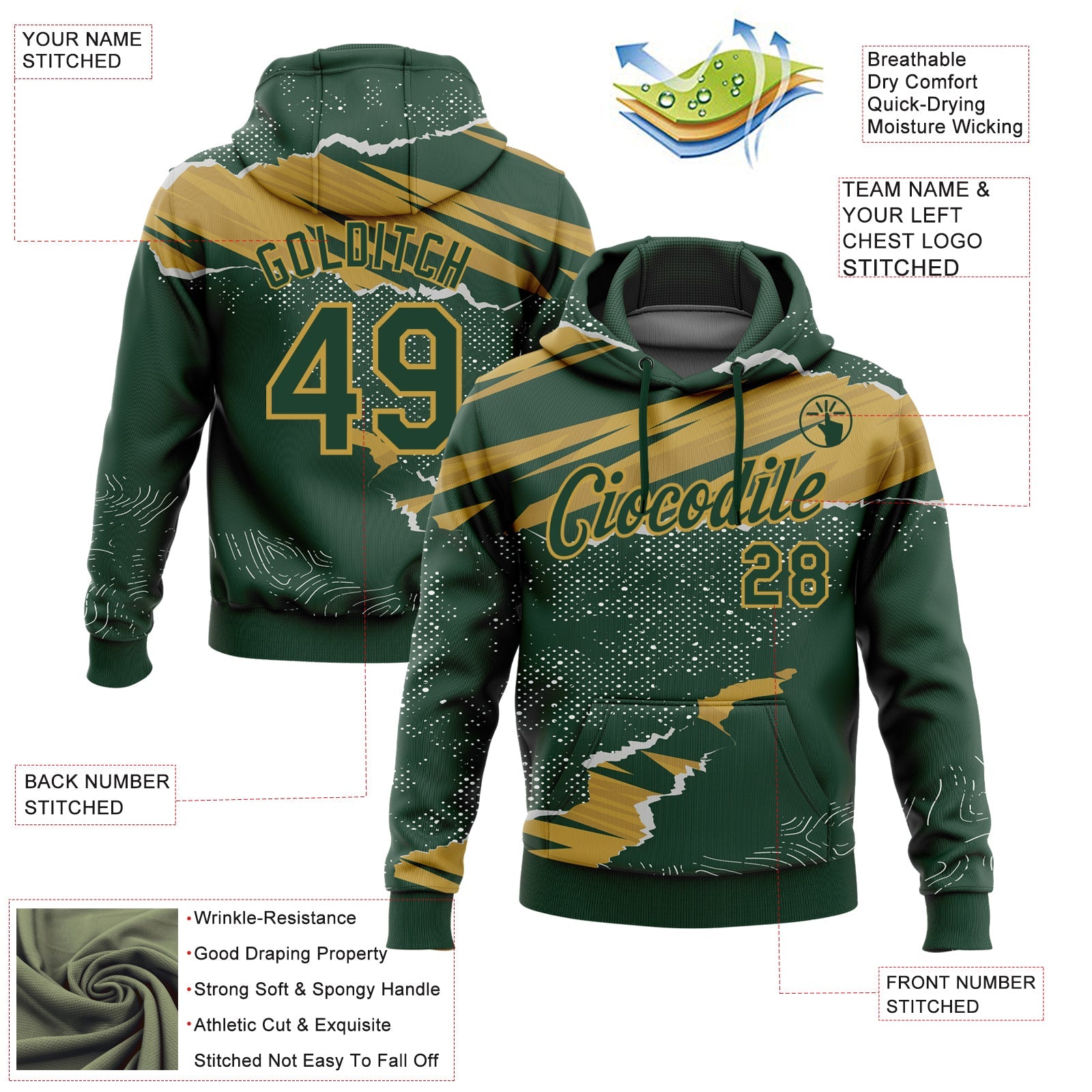 Custom Stitched Green Old Gold 3D Pattern Design Torn Paper Style Sports Pullover Sweatshirt Hoodie view 2