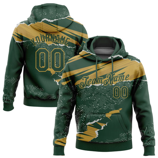 Custom Stitched Green Old Gold 3D Pattern Design Torn Paper Style Sports Pullover Sweatshirt Hoodie - Main View