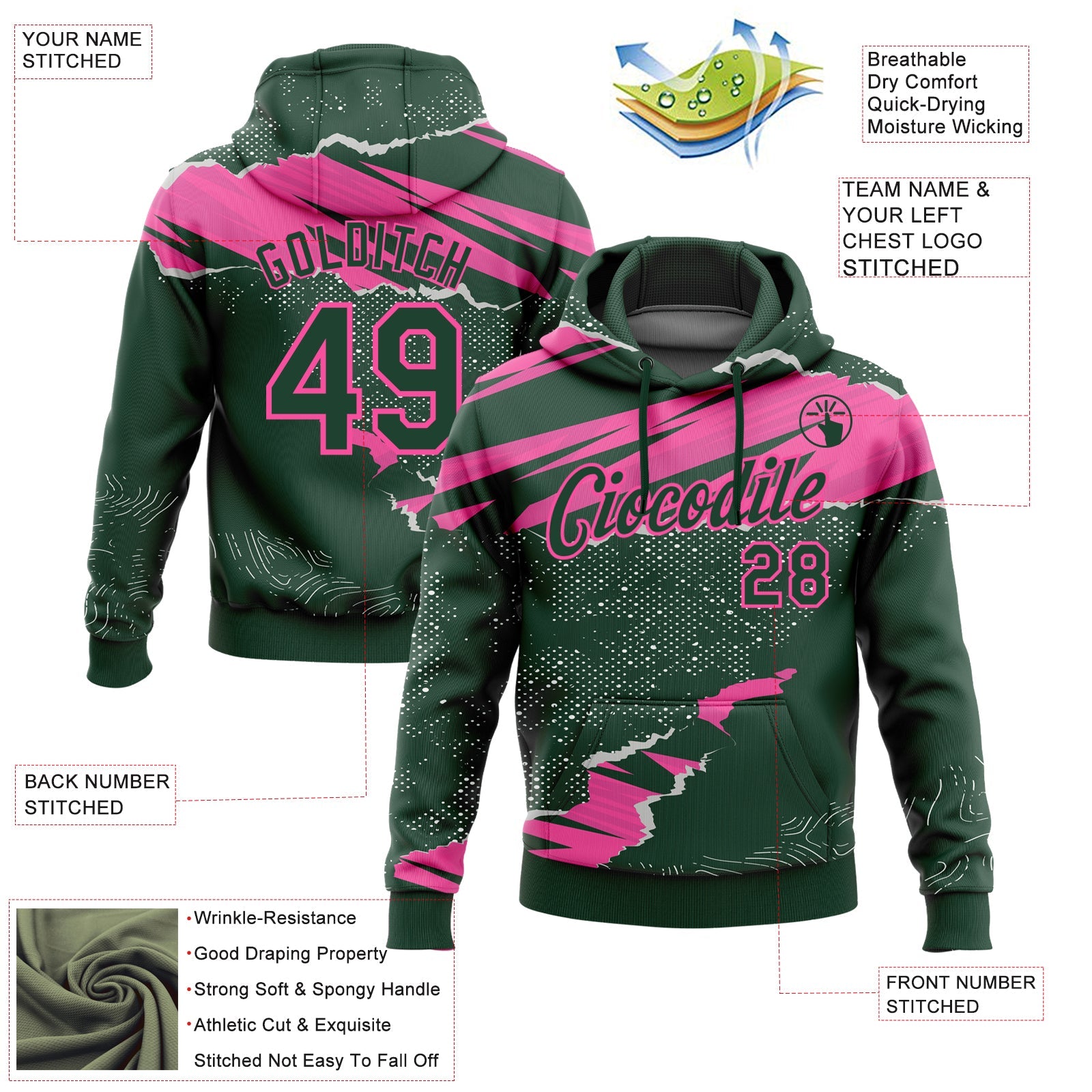 Custom Stitched Green Pink 3D Pattern Design Torn Paper Style Sports Pullover Sweatshirt Hoodie view 2