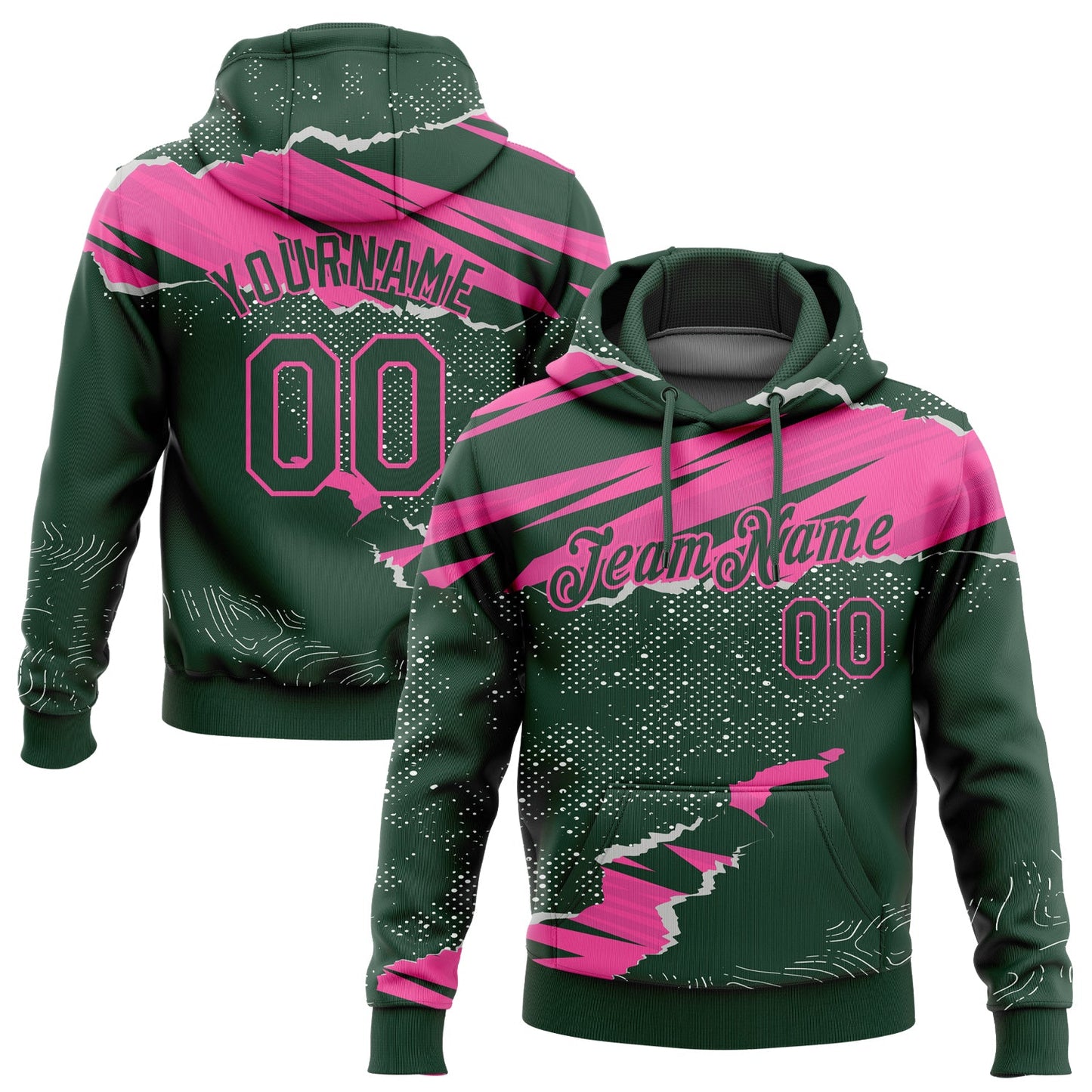 Custom Stitched Green Pink 3D Pattern Design Torn Paper Style Sports Pullover Sweatshirt Hoodie - Main View