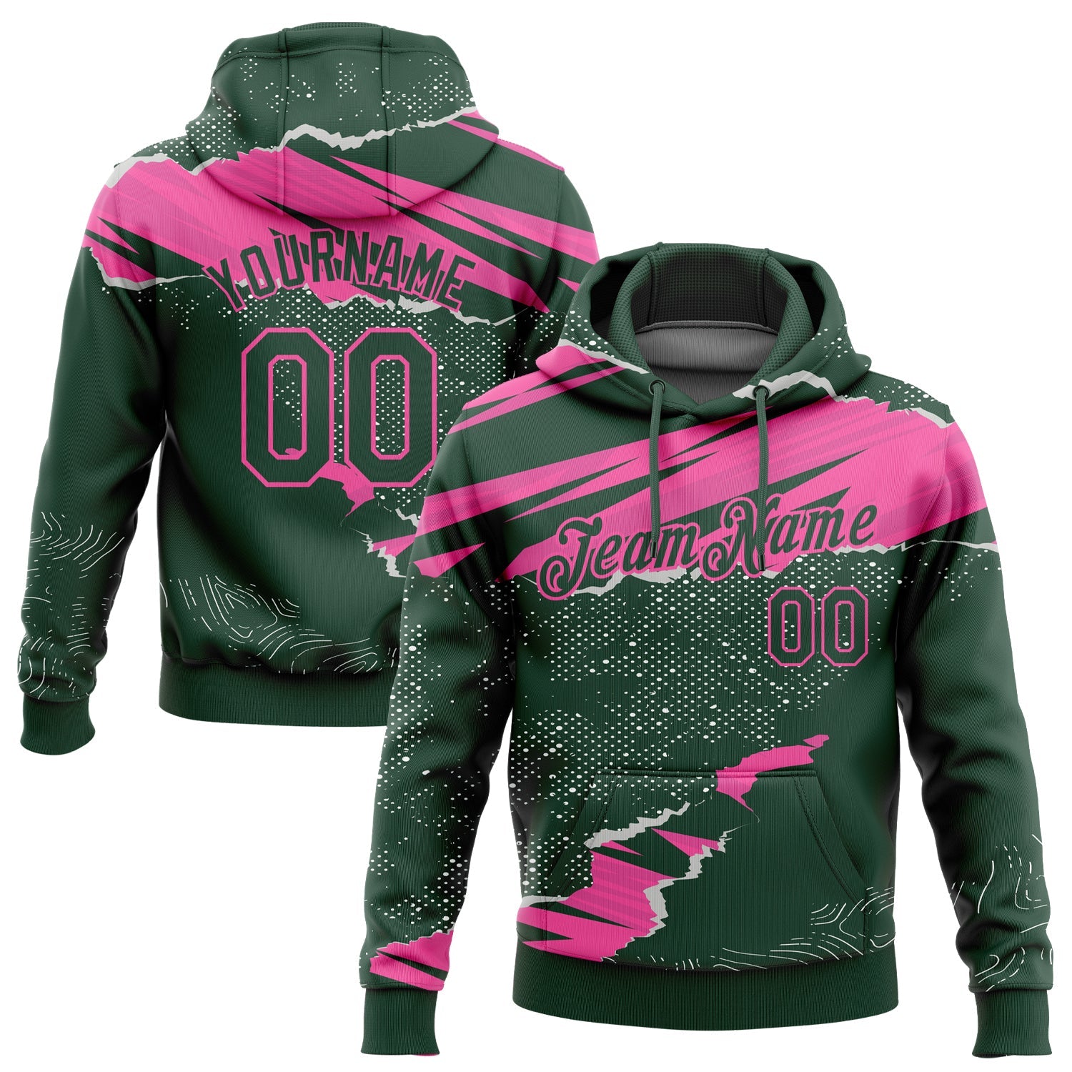 Custom Stitched Green Pink 3D Pattern Design Torn Paper Style Sports Pullover Sweatshirt Hoodie - Main View