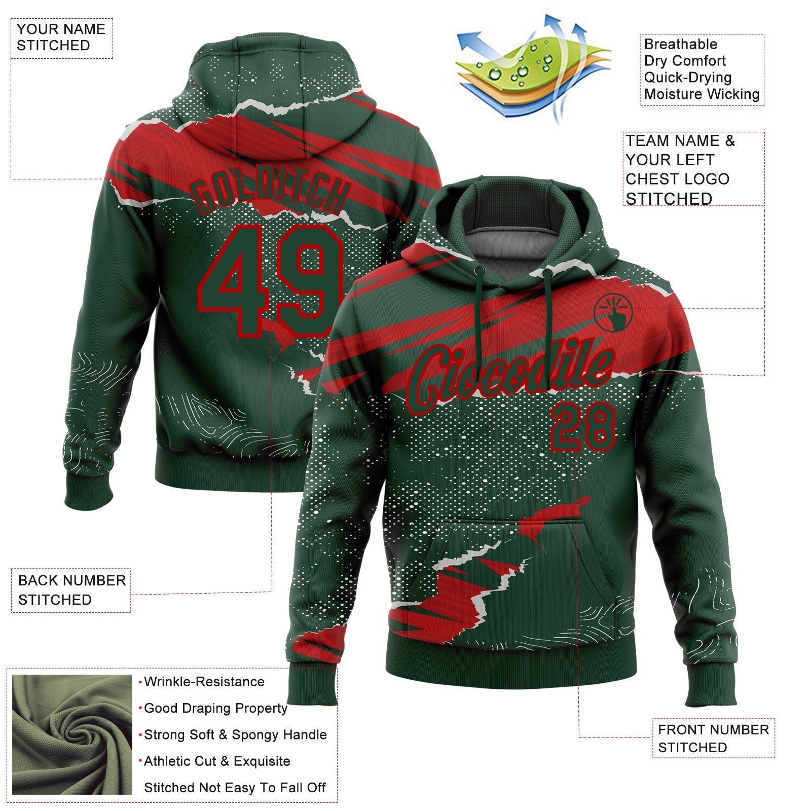 Custom Stitched Green Red 3D Pattern Design Torn Paper Style Sports Pullover Sweatshirt Hoodie view 2