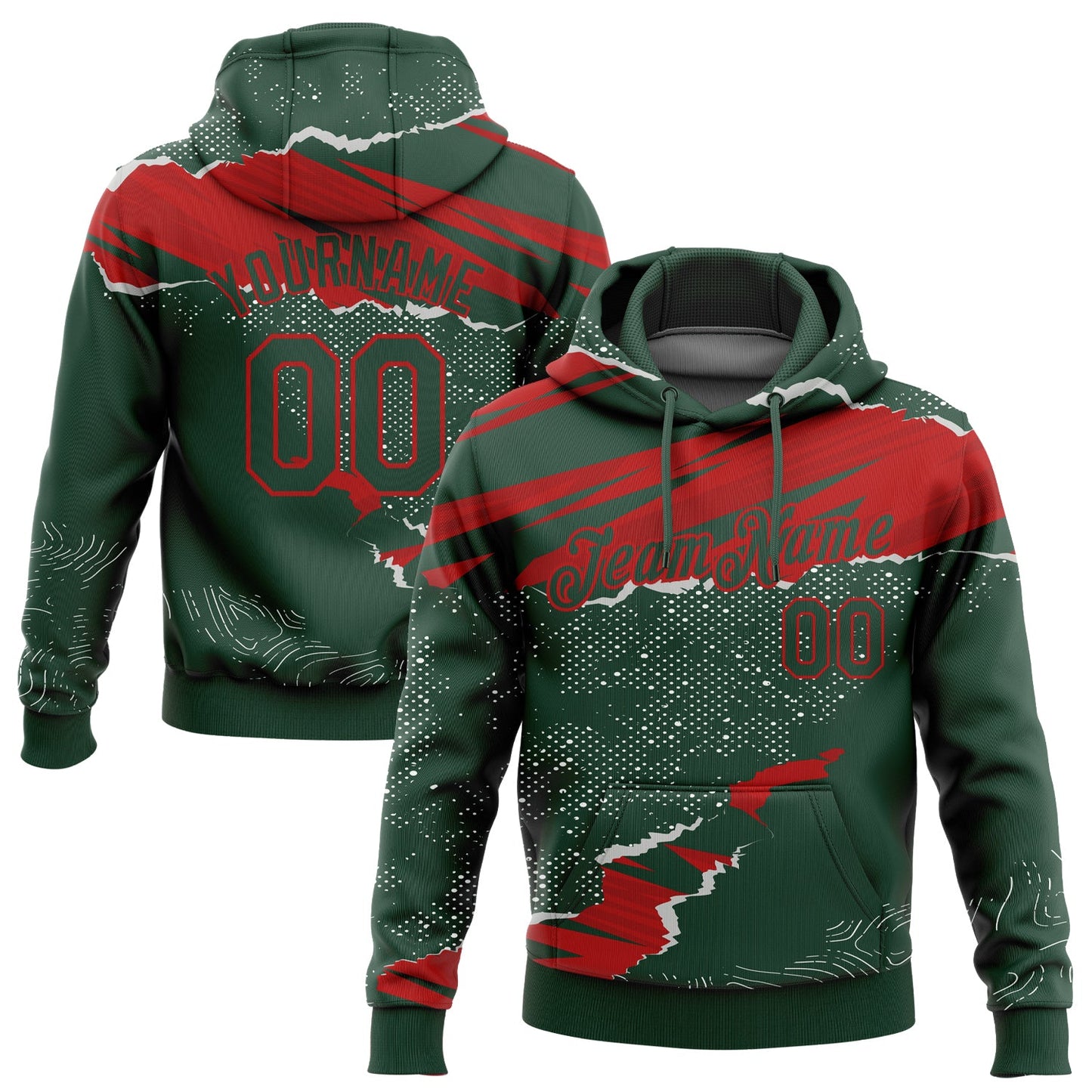 Custom Stitched Green Red 3D Pattern Design Torn Paper Style Sports Pullover Sweatshirt Hoodie - Main View