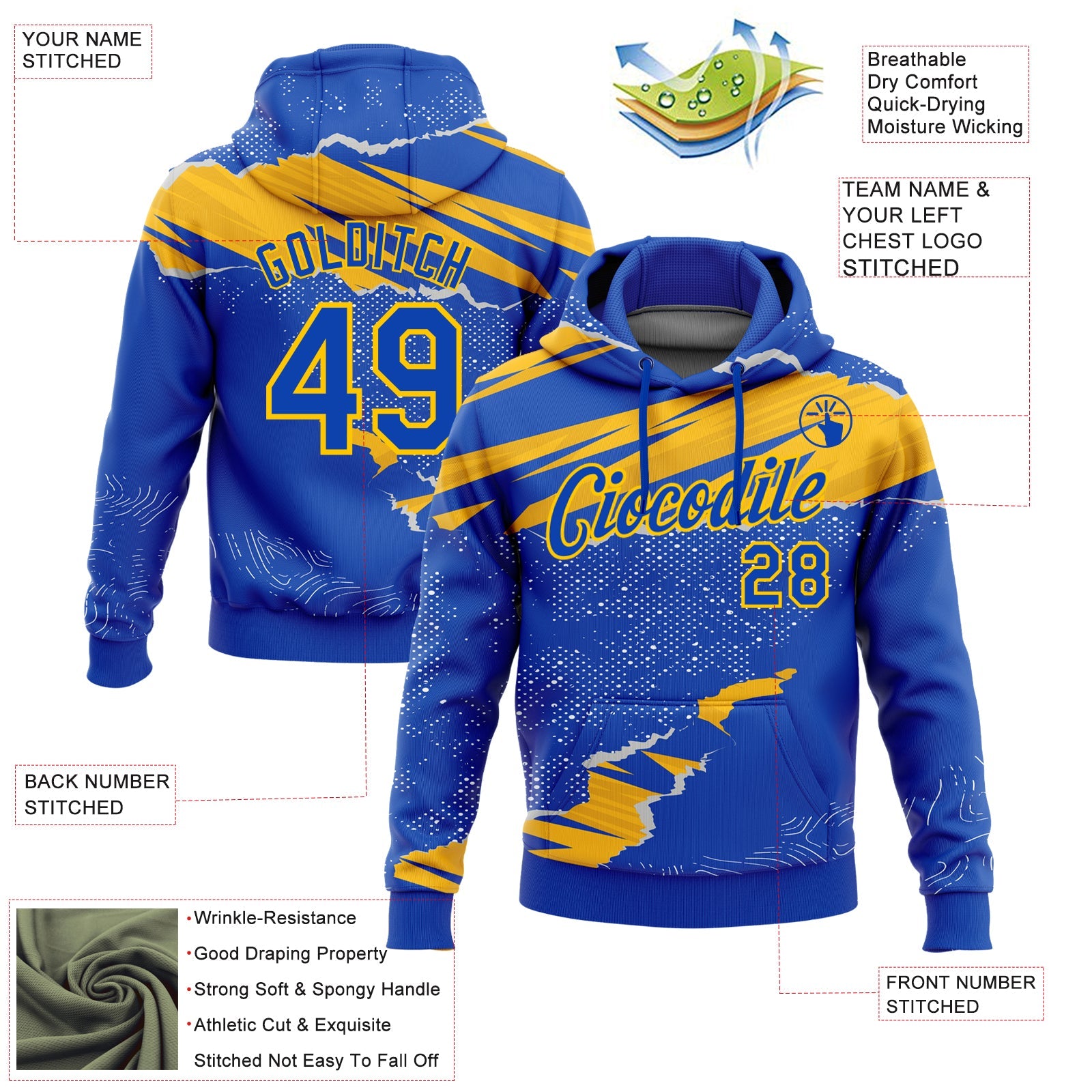 Custom Stitched Thunder Blue Gold 3D Pattern Design Torn Paper Style Sports Pullover Sweatshirt Hoodie view 2
