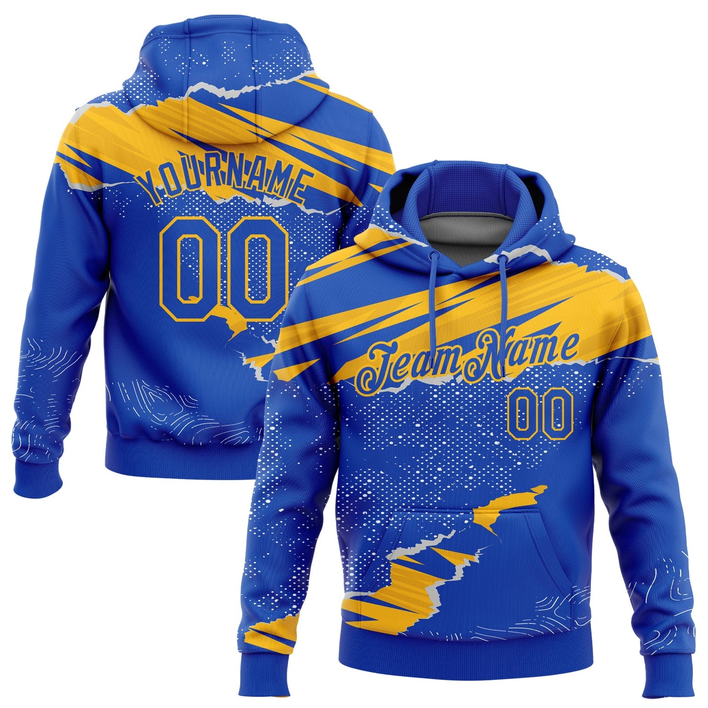 Custom Stitched Thunder Blue Gold 3D Pattern Design Torn Paper Style Sports Pullover Sweatshirt Hoodie - Main View