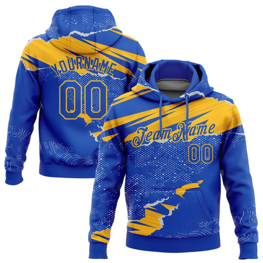 Custom Stitched Thunder Blue Gold 3D Pattern Design Torn Paper Style Sports Pullover Sweatshirt Hoodie - Main View