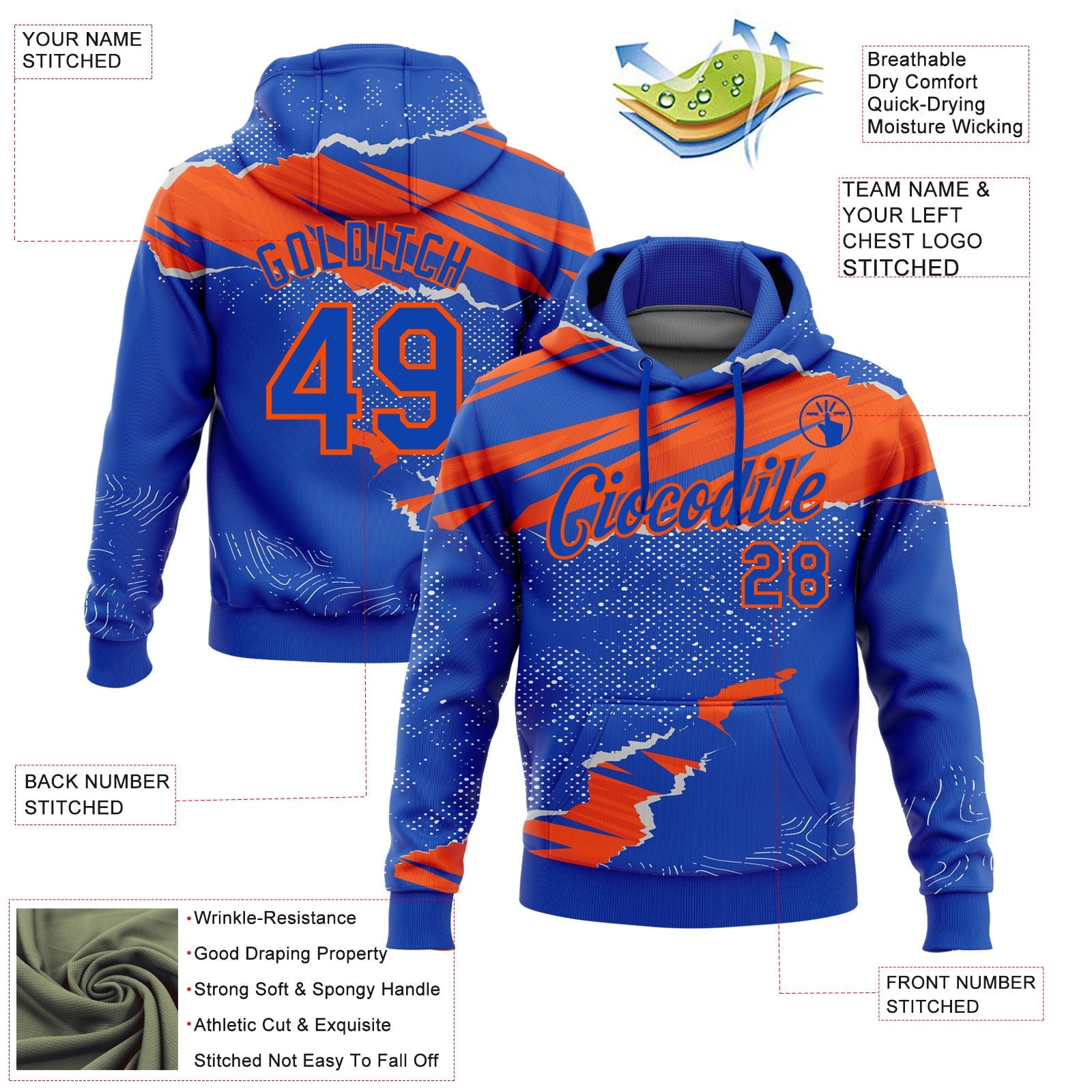 Custom Stitched Thunder Blue Orange 3D Pattern Design Torn Paper Style Sports Pullover Sweatshirt Hoodie view 2