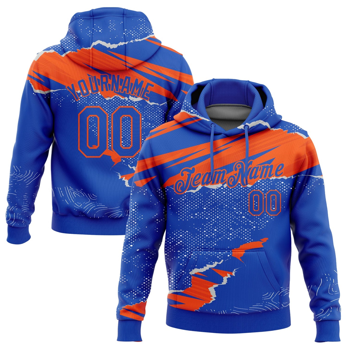 Custom Stitched Thunder Blue Orange 3D Pattern Design Torn Paper Style Sports Pullover Sweatshirt Hoodie - Main View