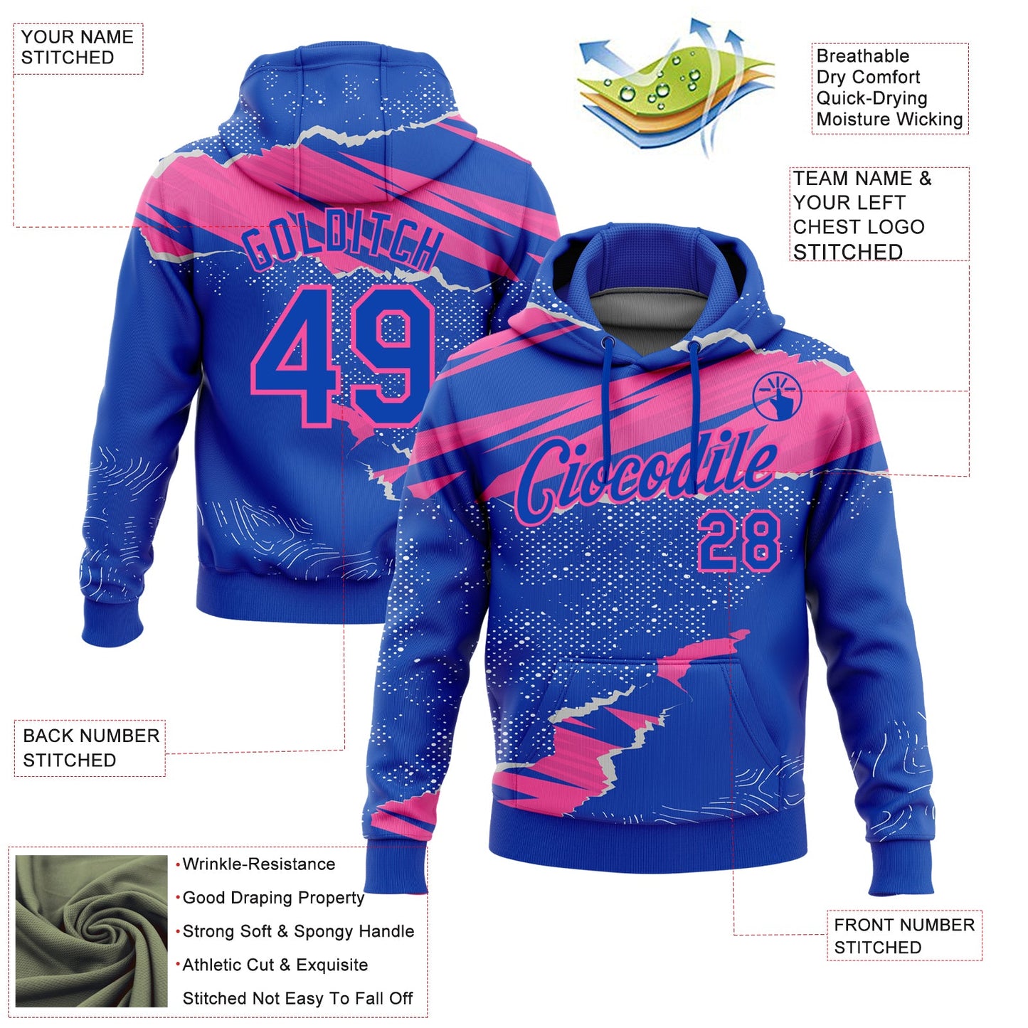 Custom Stitched Thunder Blue Pink 3D Pattern Design Torn Paper Style Sports Pullover Sweatshirt Hoodie view 2