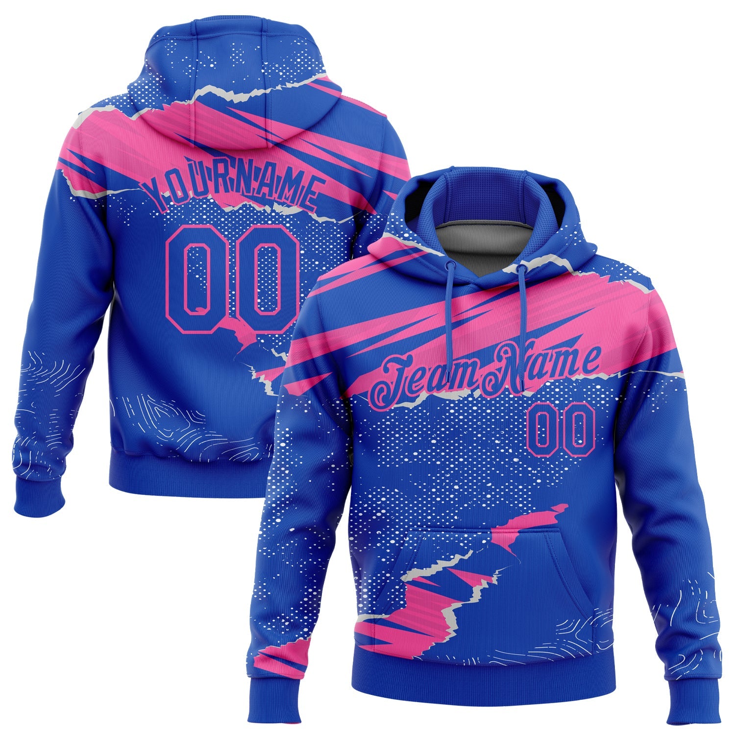 Custom Stitched Thunder Blue Pink 3D Pattern Design Torn Paper Style Sports Pullover Sweatshirt Hoodie - Main View