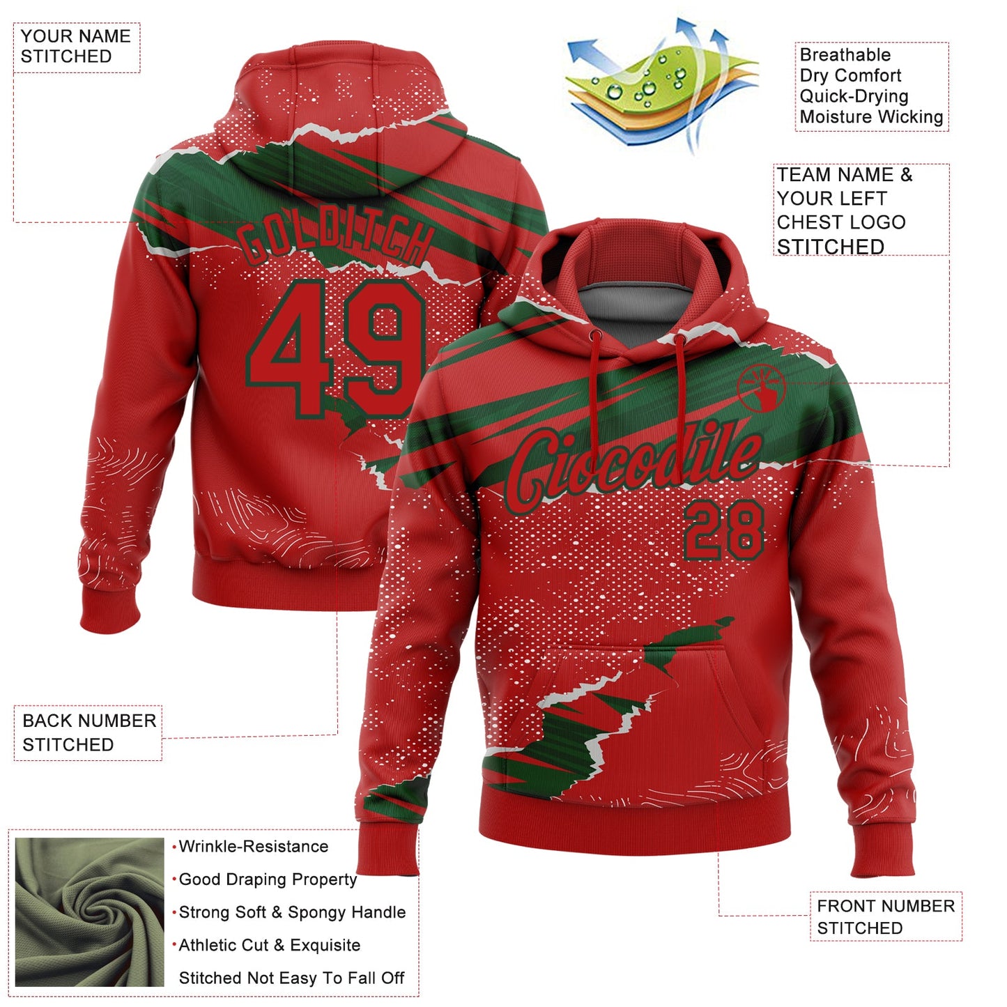 Custom Stitched Red Green 3D Pattern Design Torn Paper Style Sports Pullover Sweatshirt Hoodie view 2