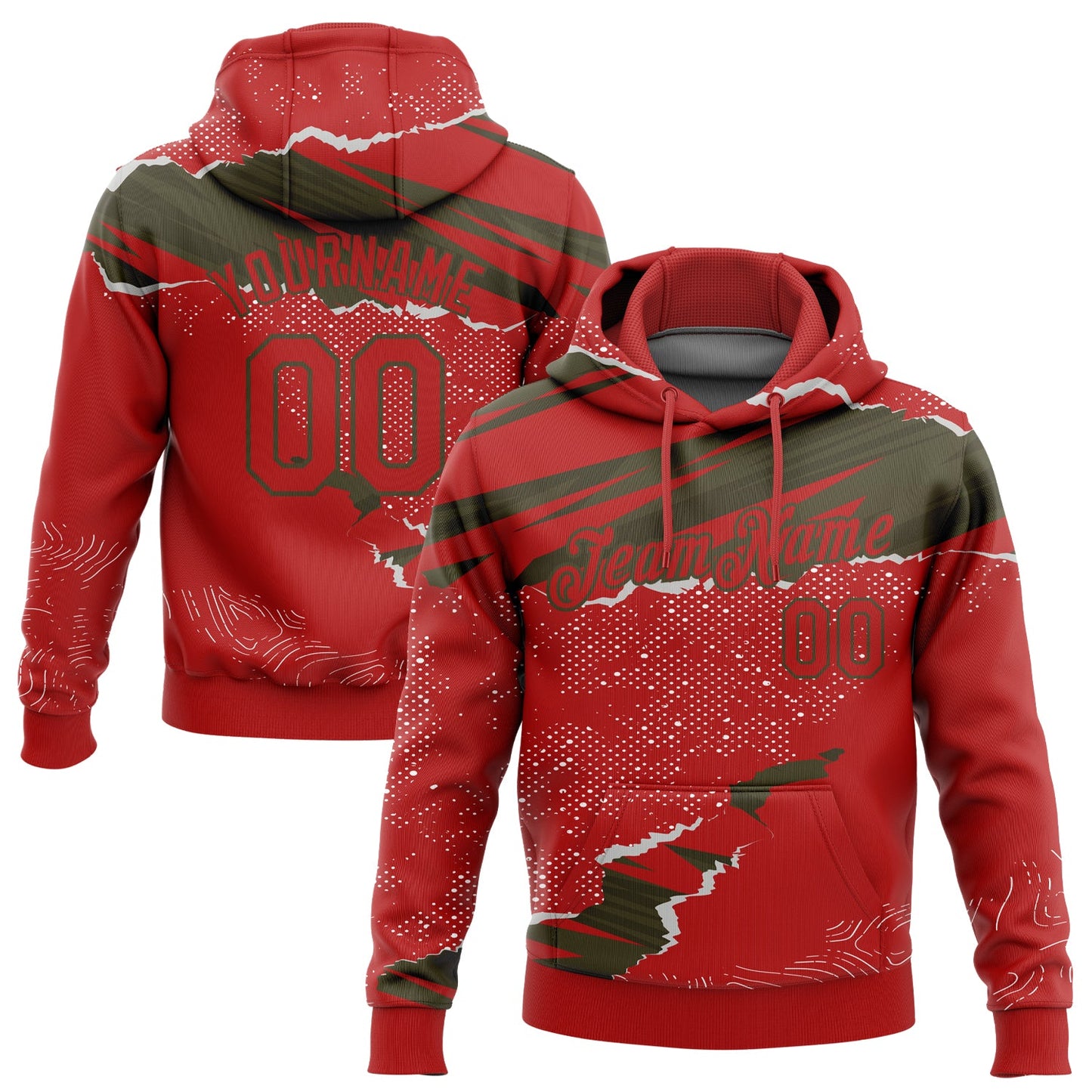 Custom Stitched Red Olive 3D Pattern Design Torn Paper Style Sports Pullover Sweatshirt Hoodie - Main View