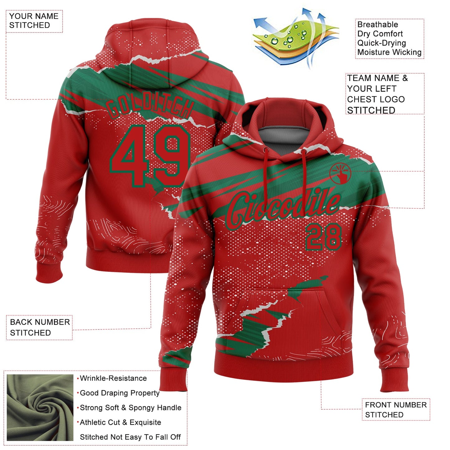 Custom Stitched Red Kelly Green 3D Pattern Design Torn Paper Style Sports Pullover Sweatshirt Hoodie view 2