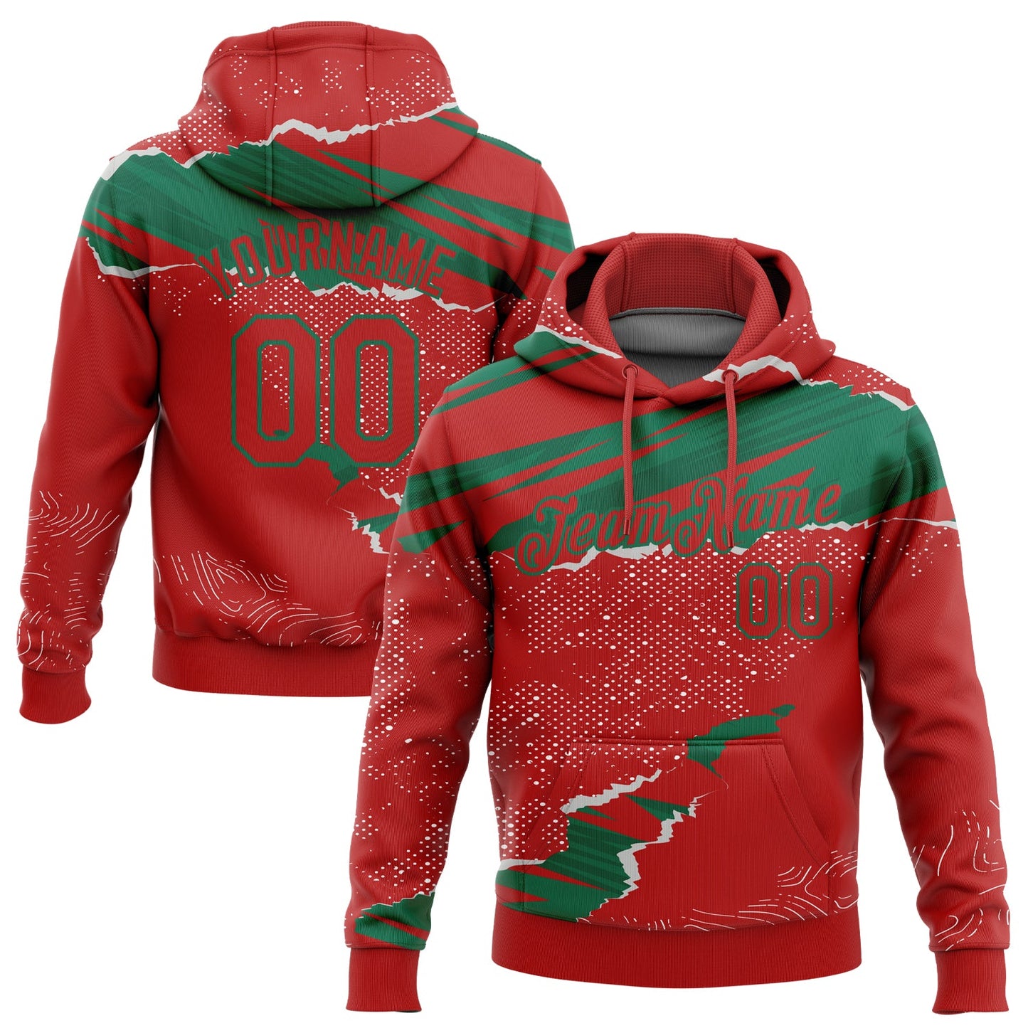 Custom Stitched Red Kelly Green 3D Pattern Design Torn Paper Style Sports Pullover Sweatshirt Hoodie - Main View