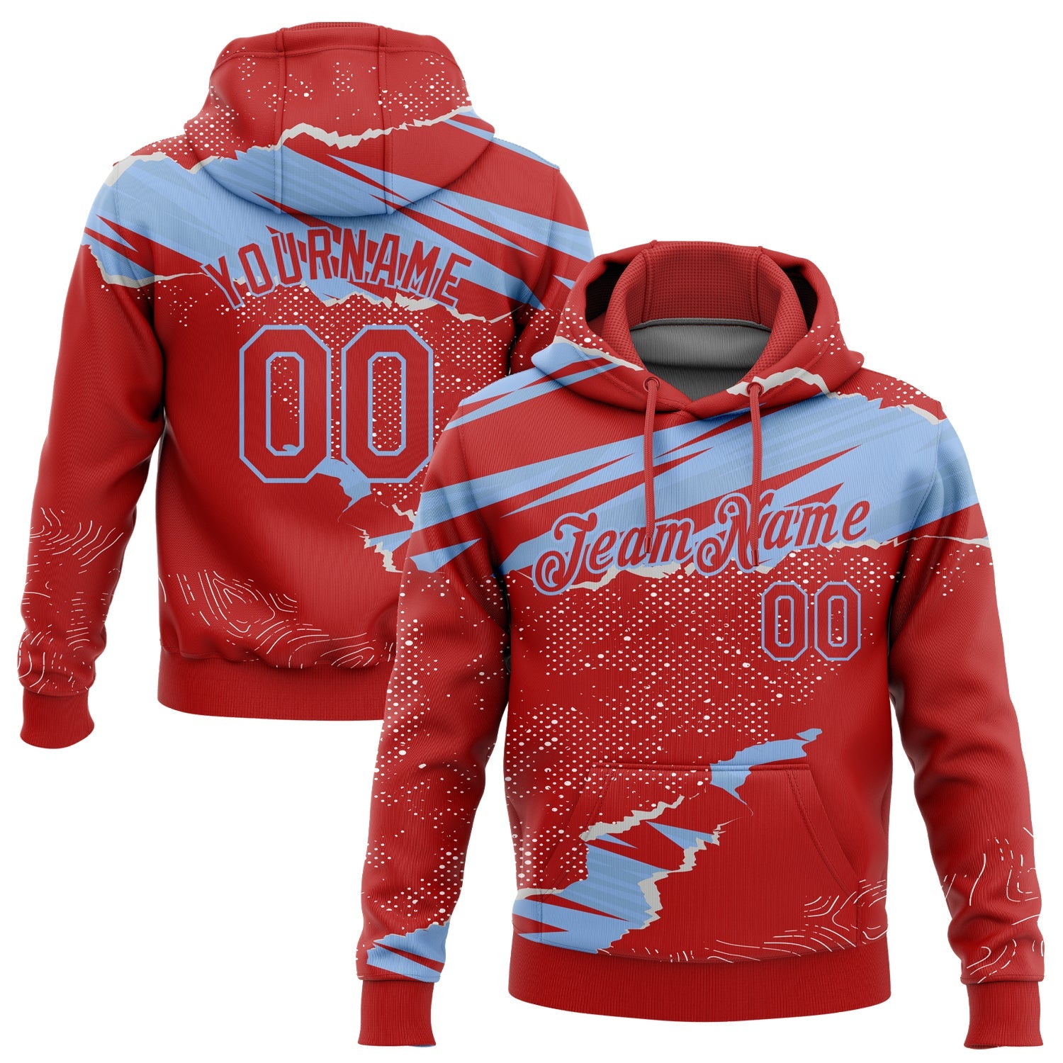 Custom Stitched Red Light Blue 3D Pattern Design Torn Paper Style Sports Pullover Sweatshirt Hoodie - Main View