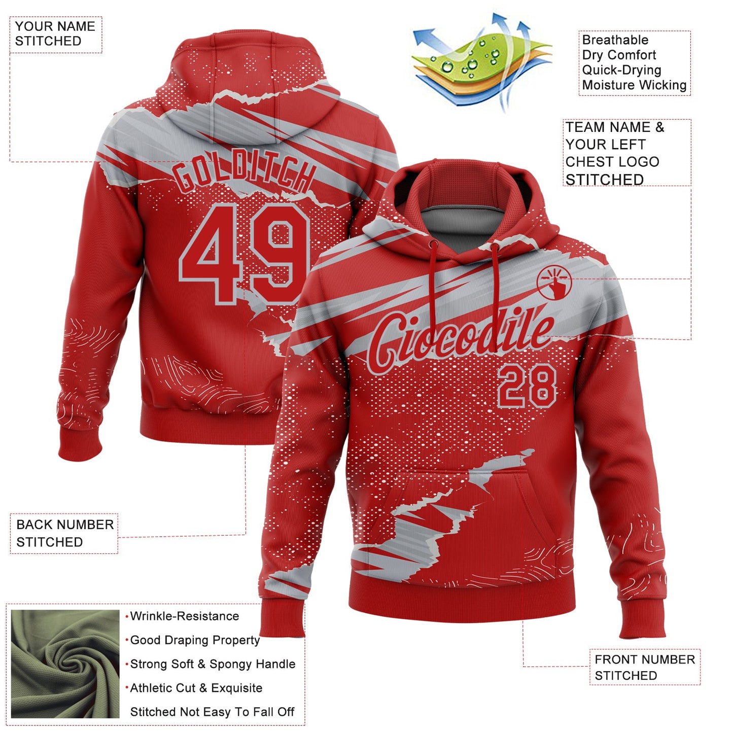 Custom Stitched Red Gray 3D Pattern Design Torn Paper Style Sports Pullover Sweatshirt Hoodie view 2