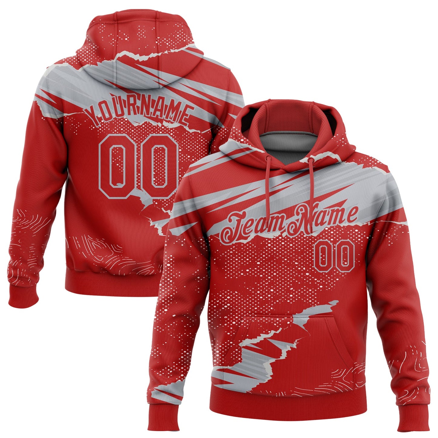 Custom Stitched Red Gray 3D Pattern Design Torn Paper Style Sports Pullover Sweatshirt Hoodie - Main View