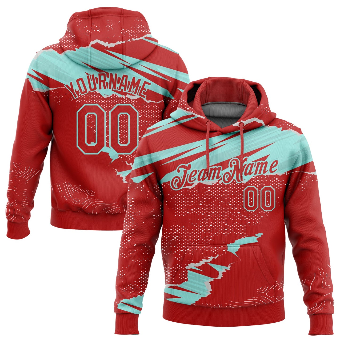 Custom Stitched Red Ice Blue 3D Pattern Design Torn Paper Style Sports Pullover Sweatshirt Hoodie - Main View