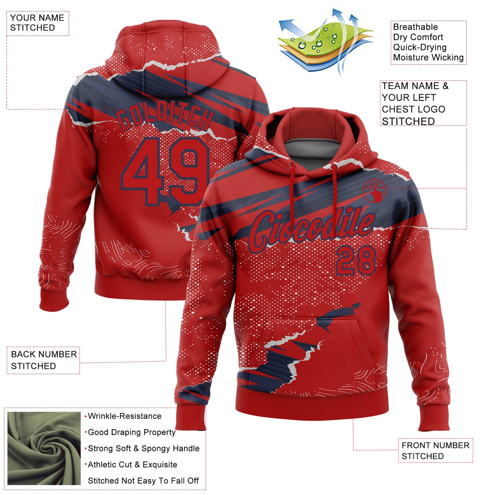 Custom Stitched Red Navy 3D Pattern Design Torn Paper Style Sports Pullover Sweatshirt Hoodie view 2