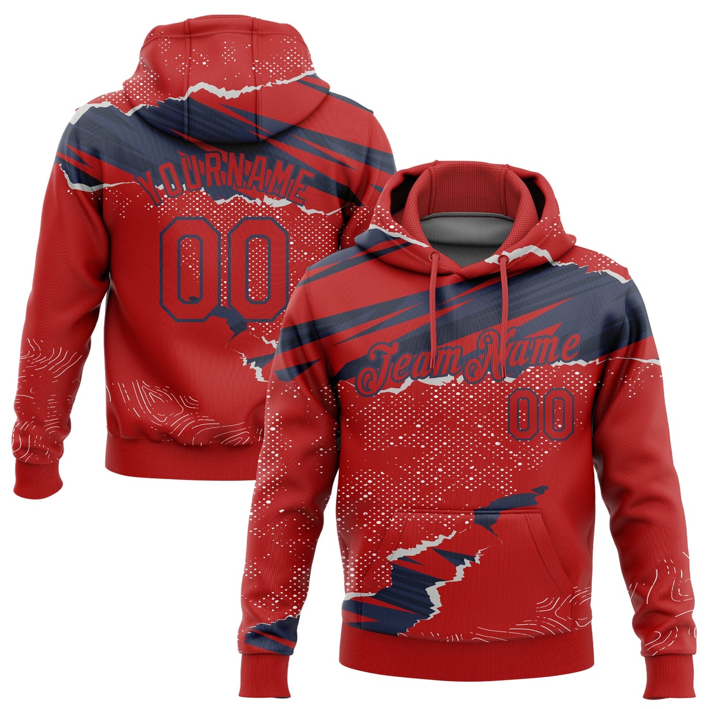 Custom Stitched Red Navy 3D Pattern Design Torn Paper Style Sports Pullover Sweatshirt Hoodie - Main View