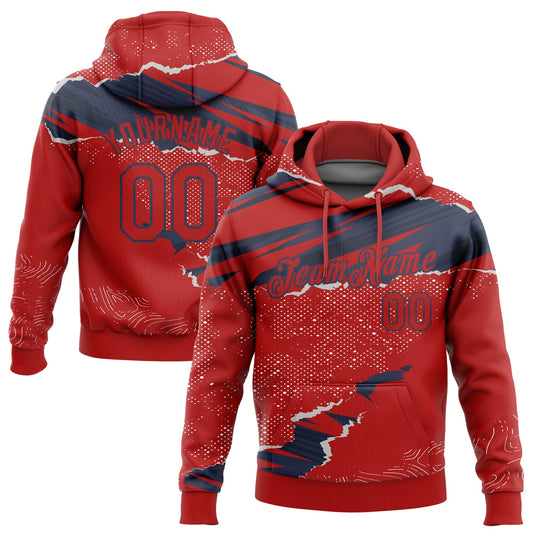 Custom Stitched Red Navy 3D Pattern Design Torn Paper Style Sports Pullover Sweatshirt Hoodie - Main View