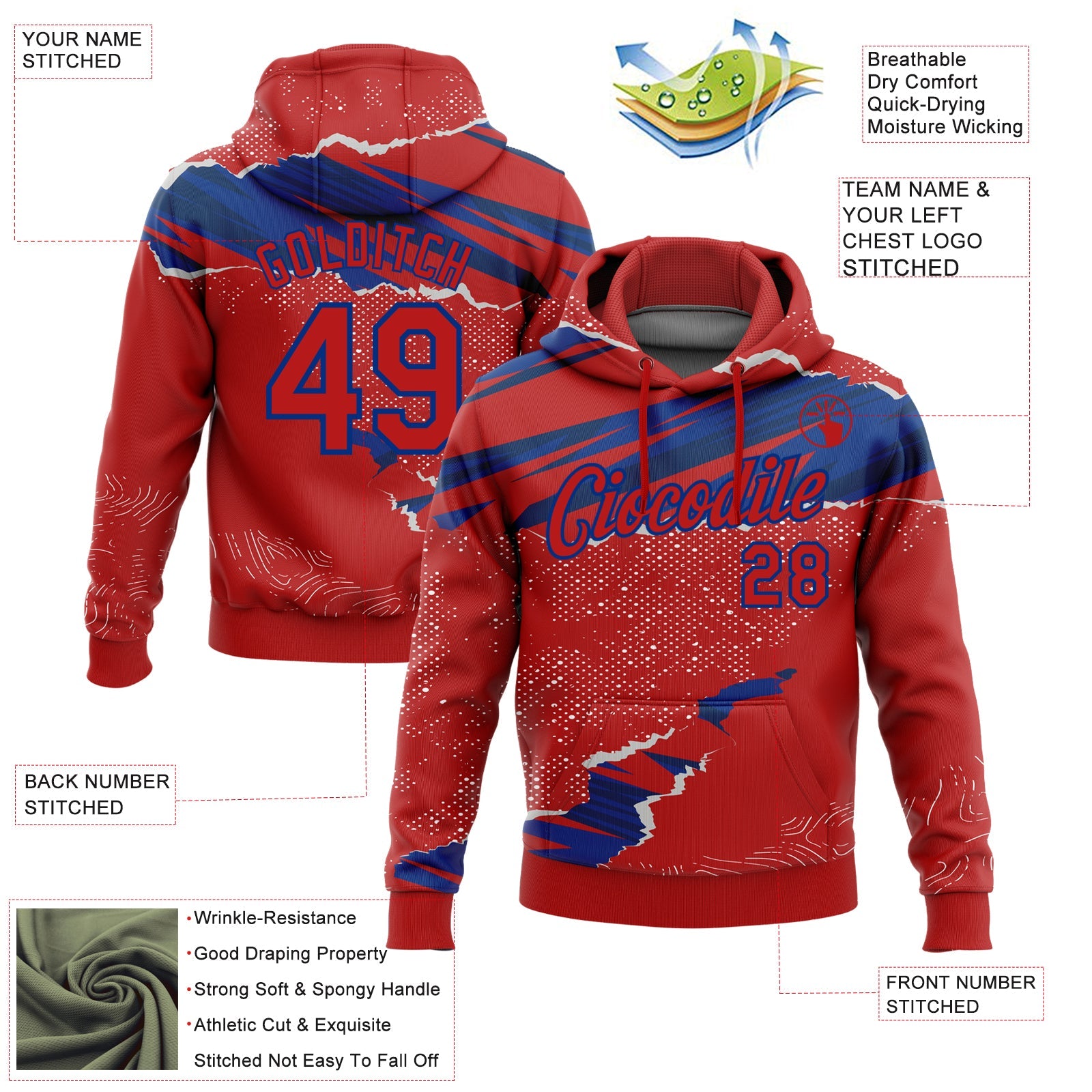 Custom Stitched Red Royal 3D Pattern Design Torn Paper Style Sports Pullover Sweatshirt Hoodie view 2