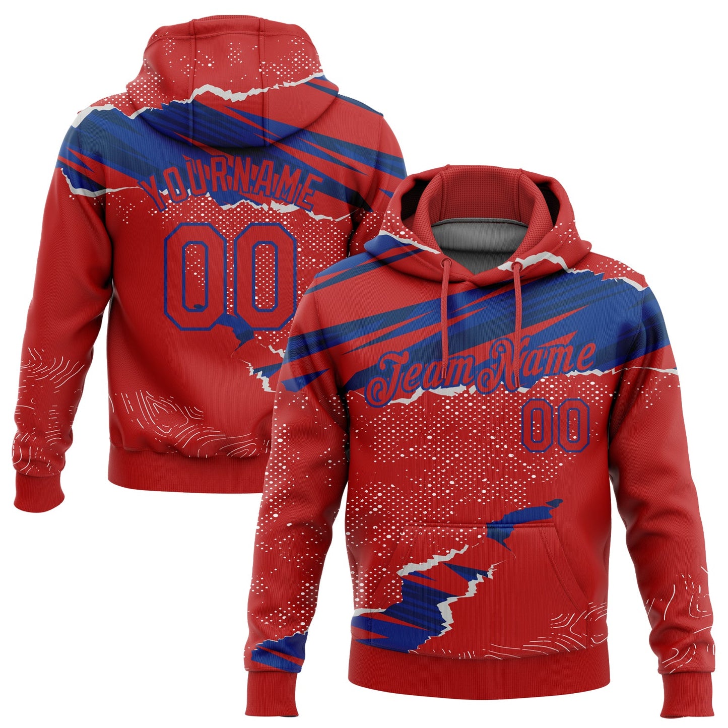 Custom Stitched Red Royal 3D Pattern Design Torn Paper Style Sports Pullover Sweatshirt Hoodie - Main View