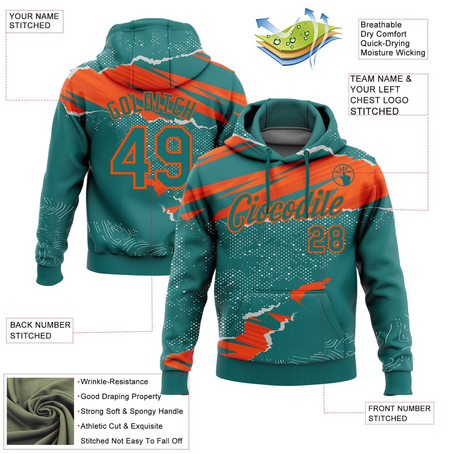 Custom Stitched Teal Orange 3D Pattern Design Torn Paper Style Sports Pullover Sweatshirt Hoodie view 2