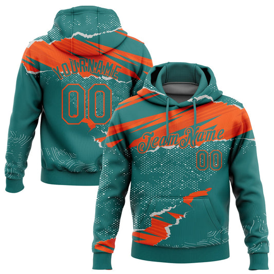 Custom Stitched Teal Orange 3D Pattern Design Torn Paper Style Sports Pullover Sweatshirt Hoodie - Main View