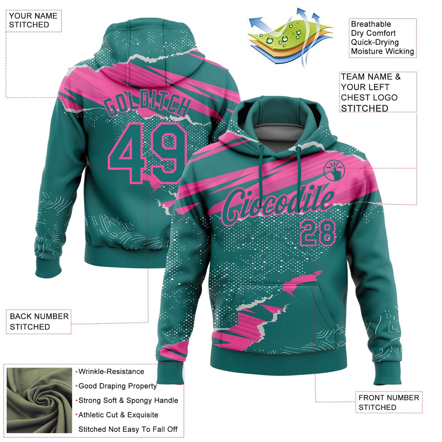 Custom Stitched Teal Pink 3D Pattern Design Torn Paper Style Sports Pullover Sweatshirt Hoodie view 2
