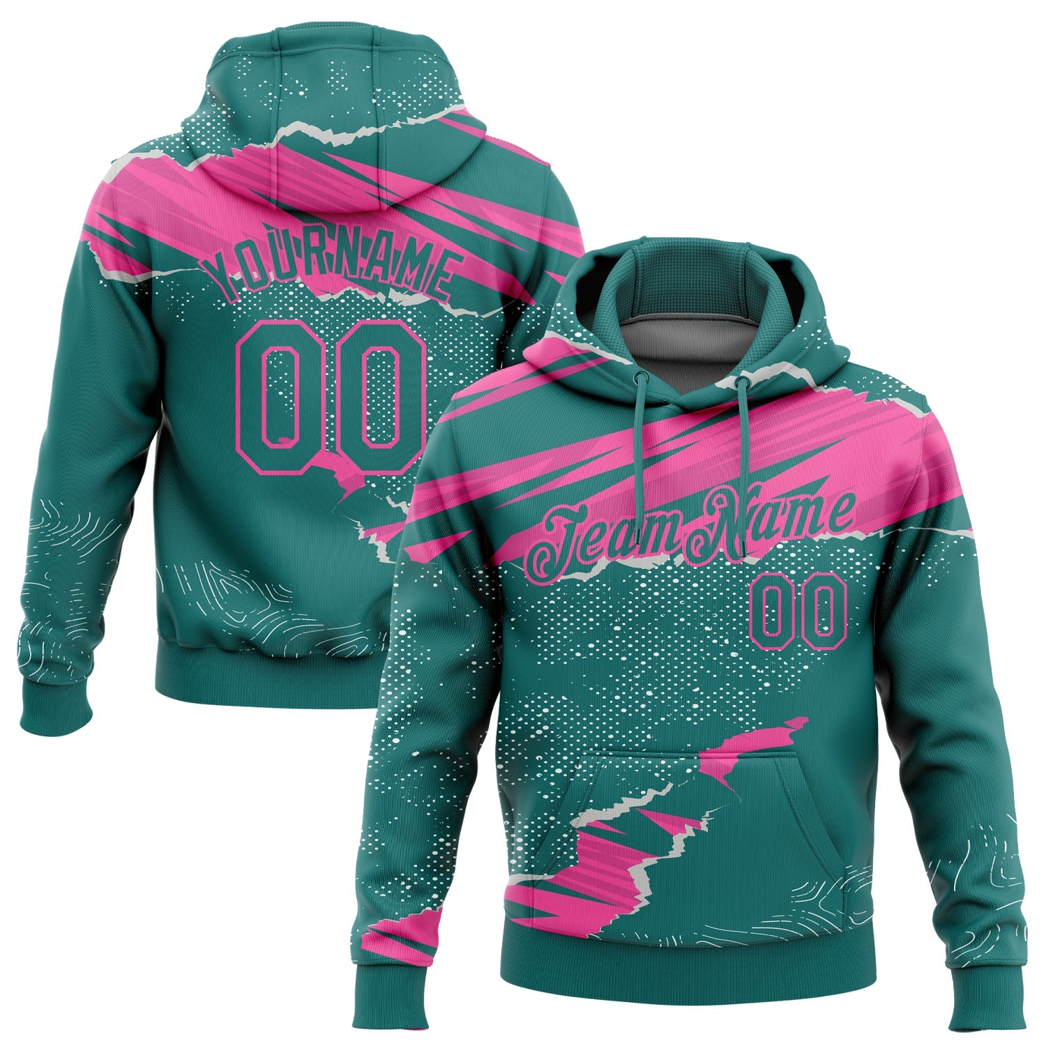 Custom Stitched Teal Pink 3D Pattern Design Torn Paper Style Sports Pullover Sweatshirt Hoodie - Main View