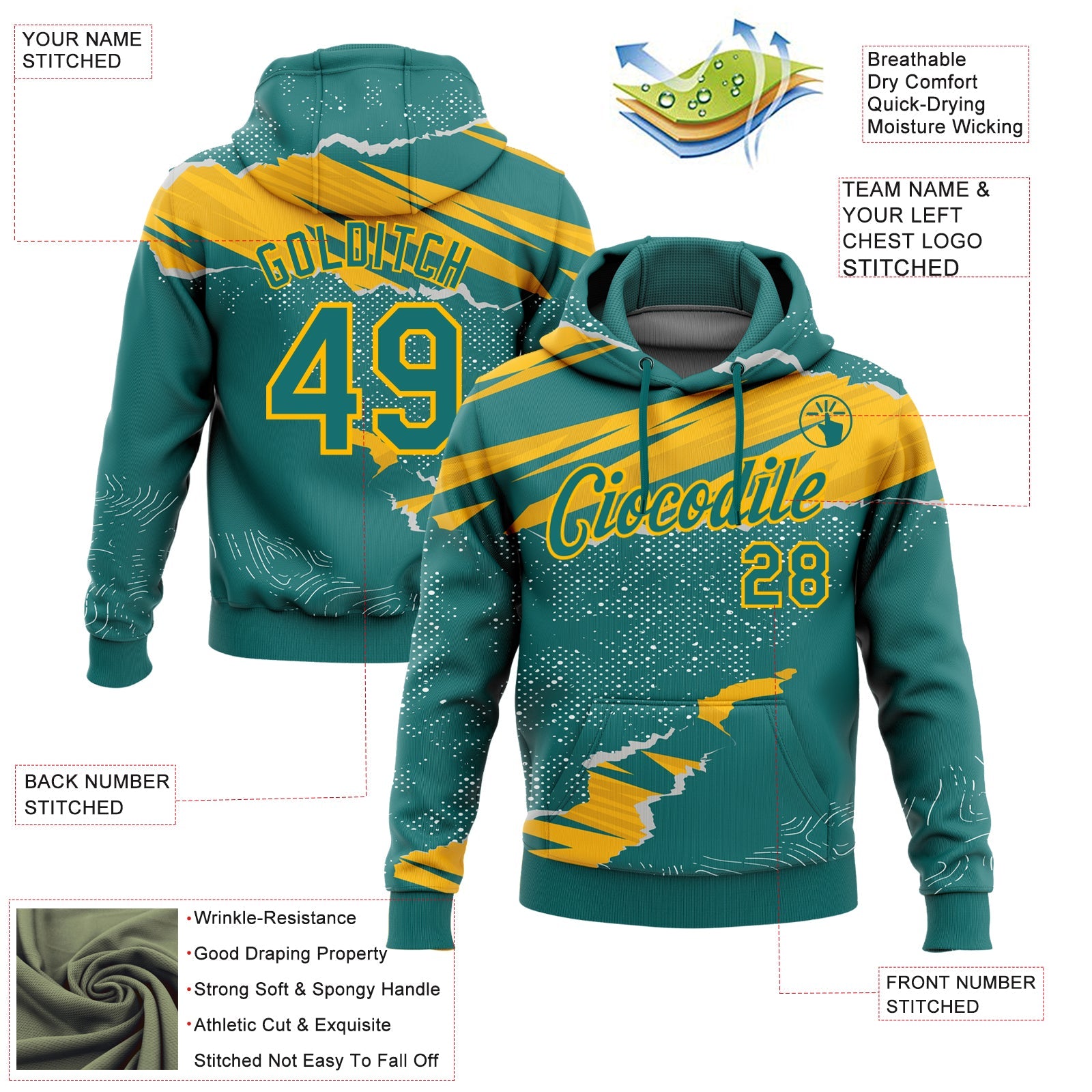Custom Stitched Teal Gold 3D Pattern Design Torn Paper Style Sports Pullover Sweatshirt Hoodie view 2